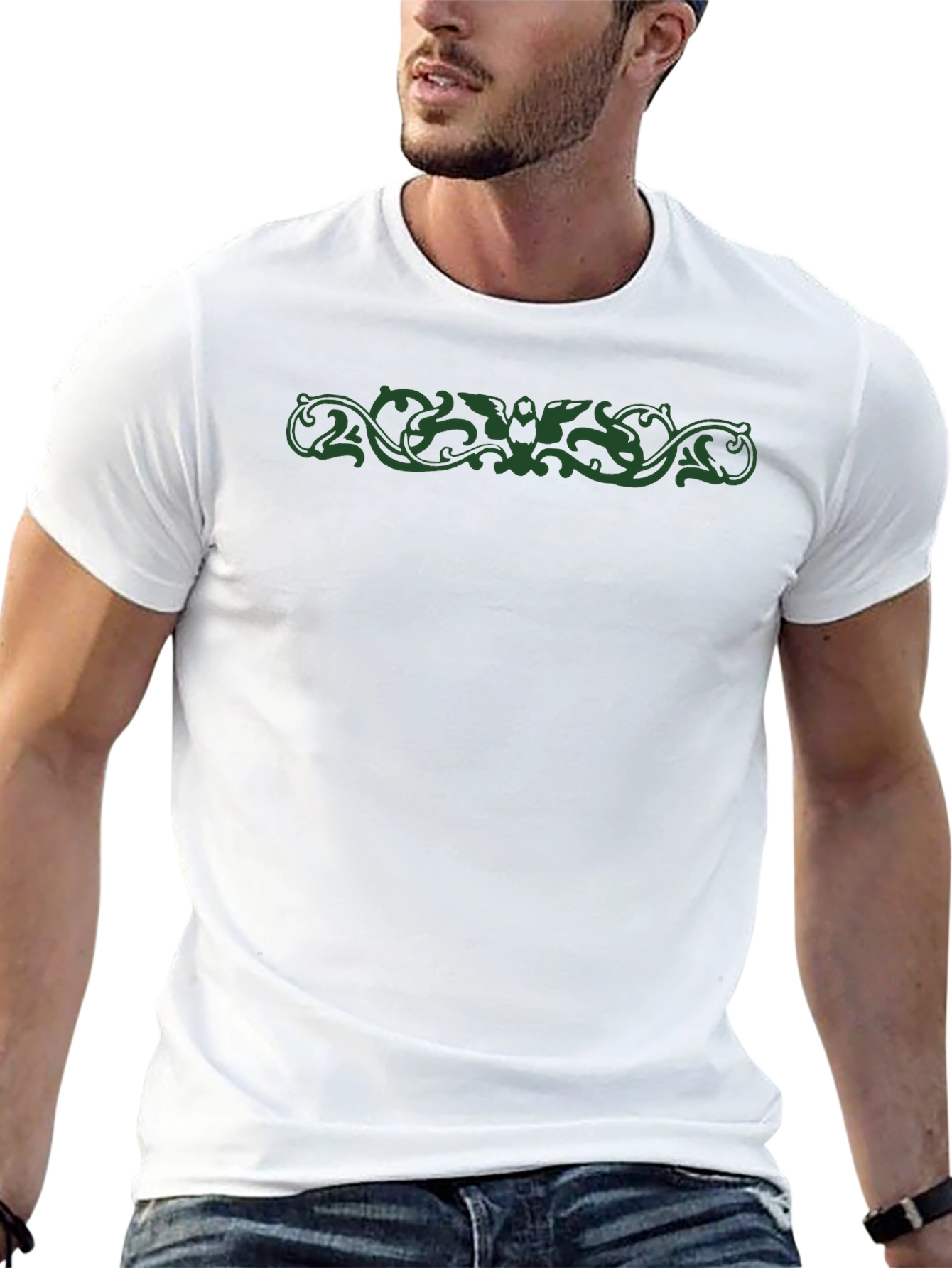 Stylish Black Tee with Green Ornamental Design