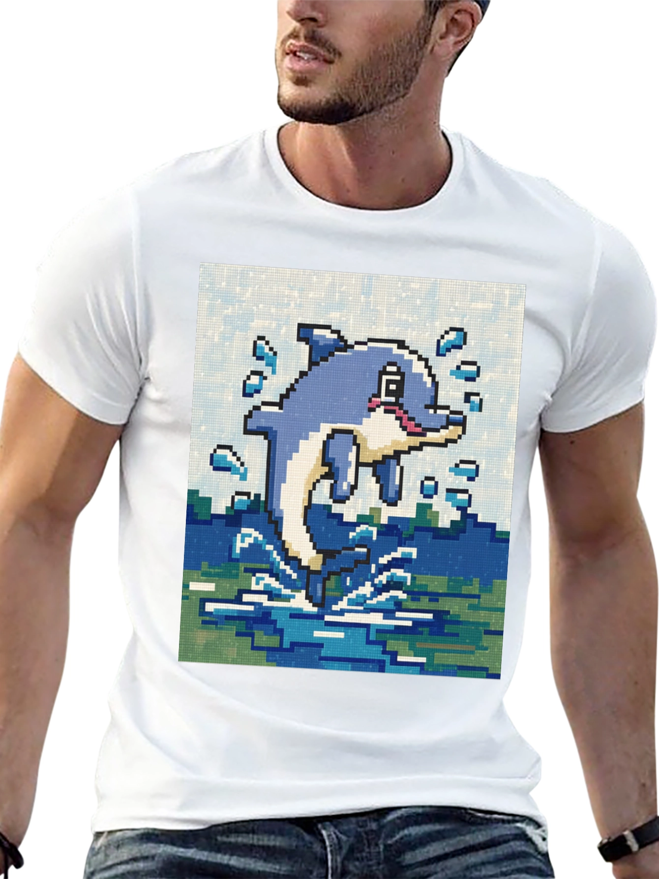 Pixel Art Dolphin Black T-Shirt