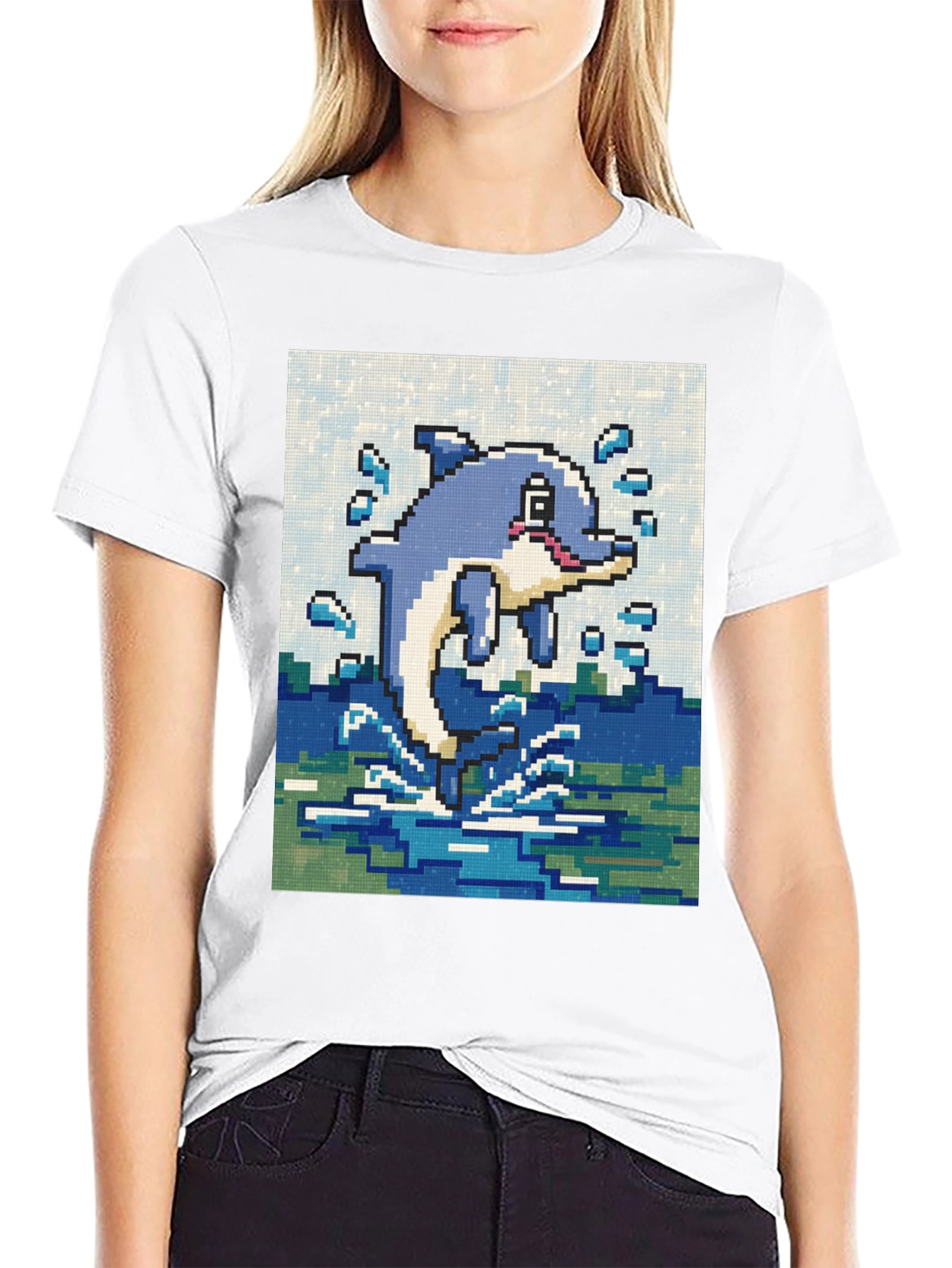 Pixel Art Dolphin Black T-Shirt