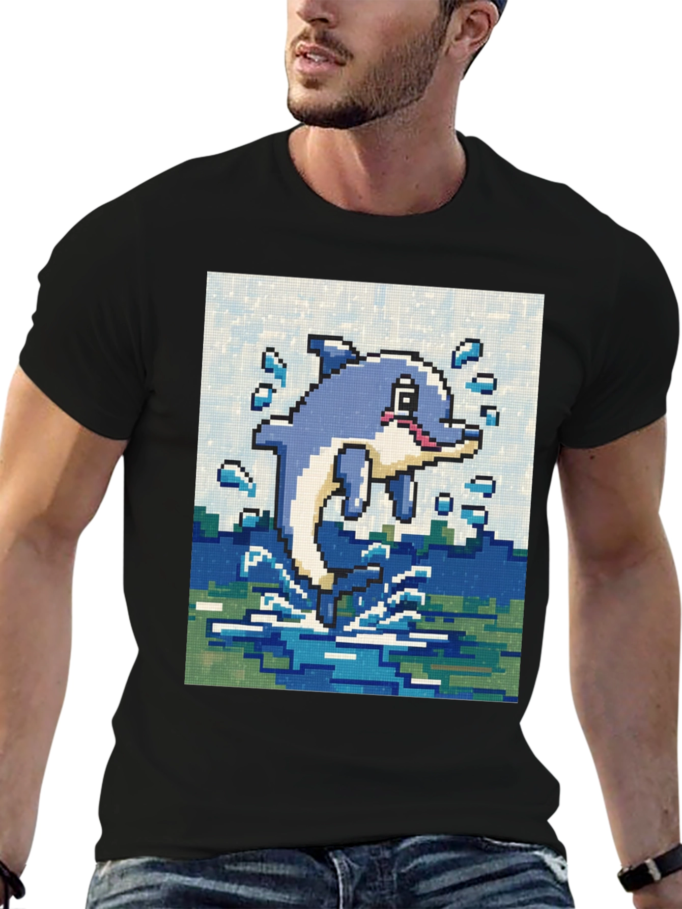 Pixel Art Dolphin Black T-Shirt