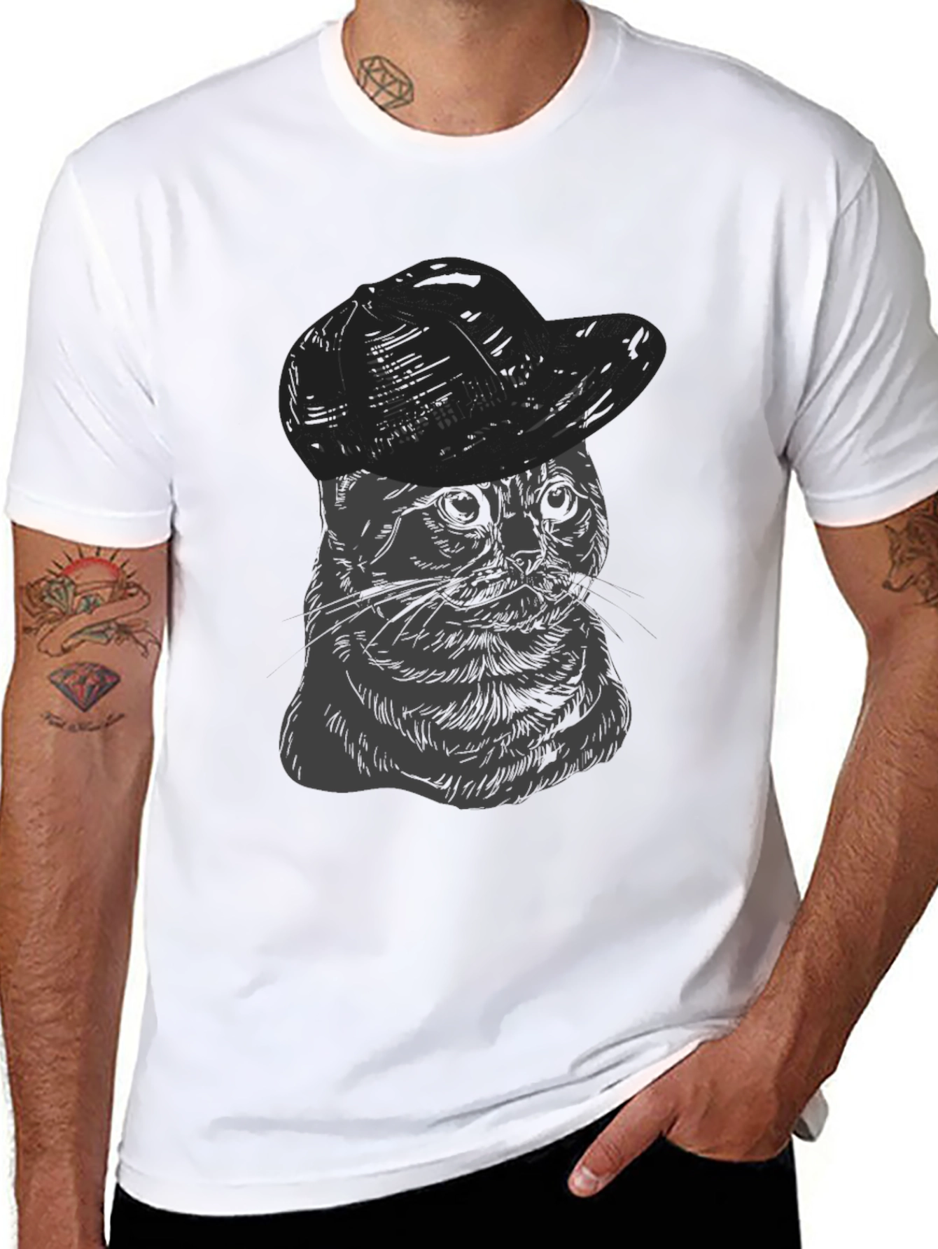 Cat in Hat Graphic Tee - Unisex Cotton T-Shirt