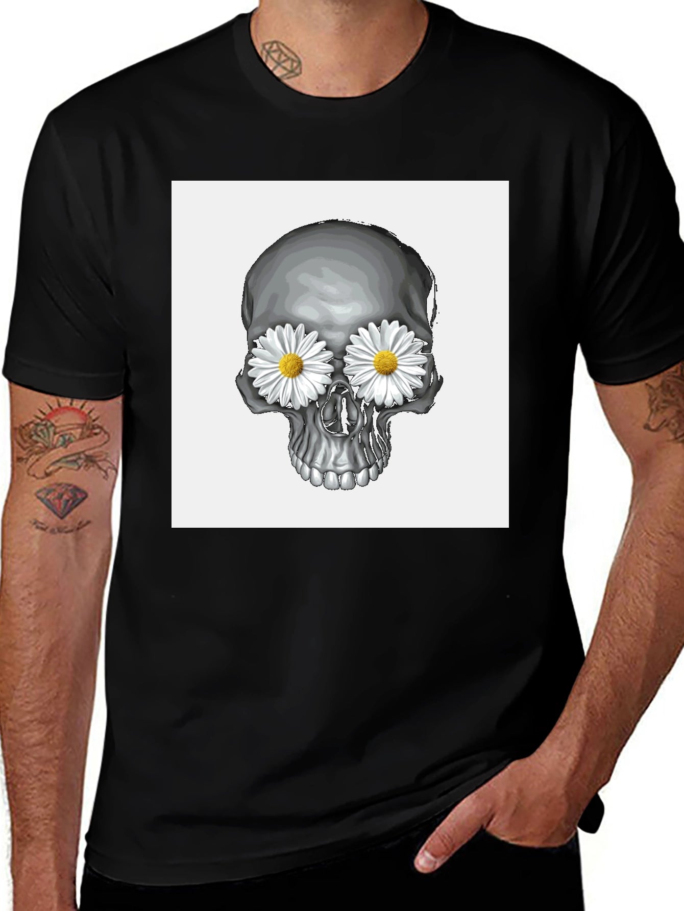 Skull with Daisy Eyes Graphic T-Shirt