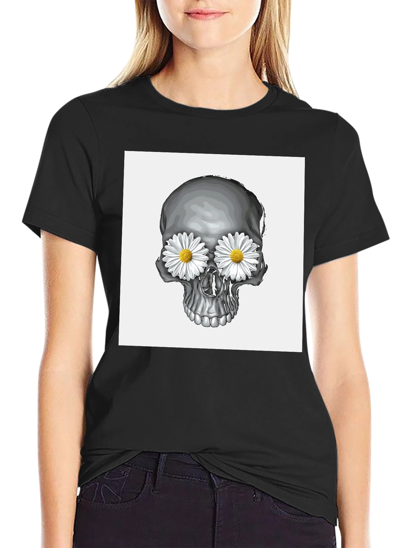 Skull with Daisy Eyes Graphic T-Shirt