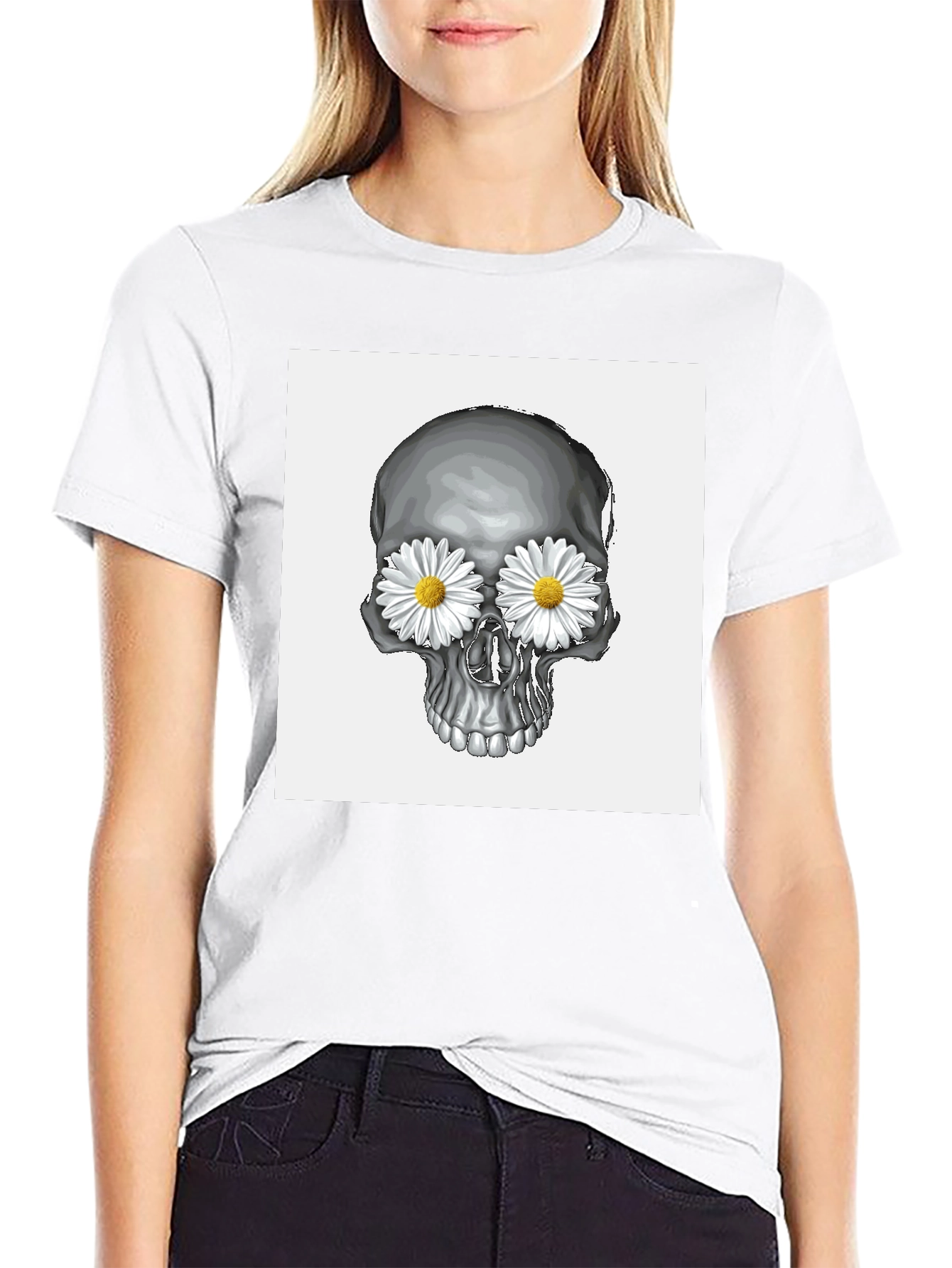 Skull with Daisy Eyes Graphic T-Shirt