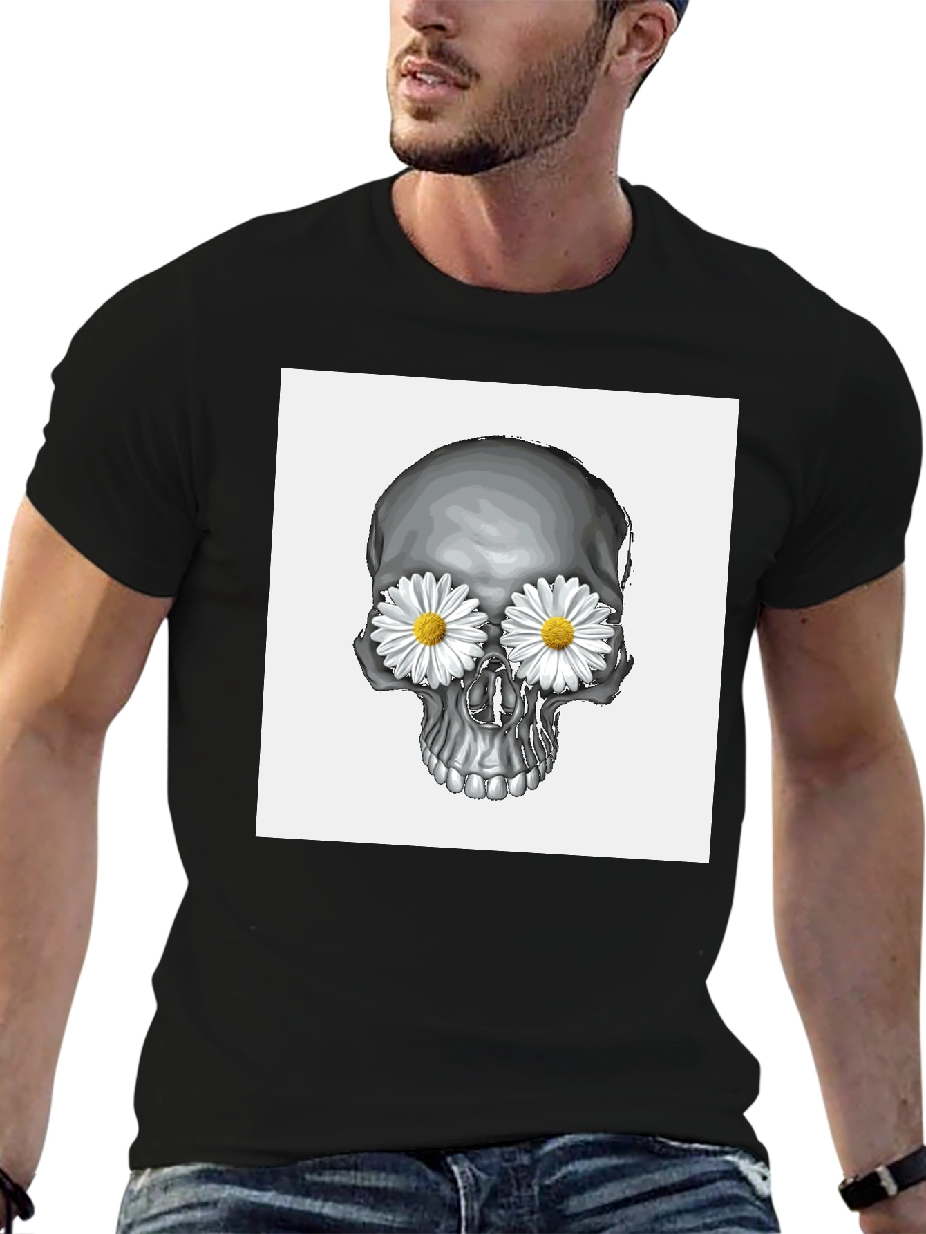Skull with Daisy Eyes Graphic T-Shirt
