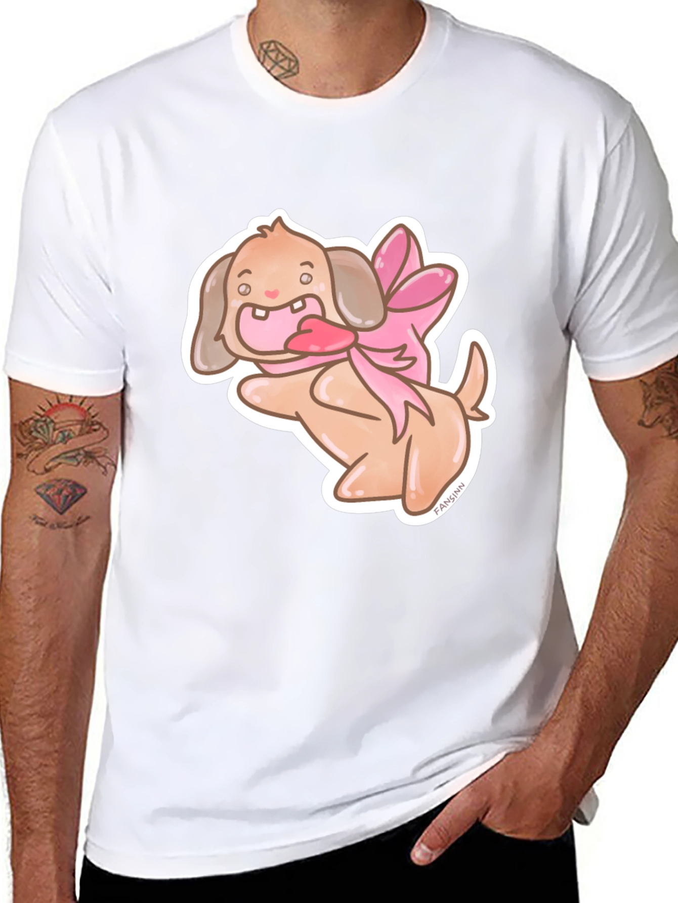 Dog With Ribbon Graphic Black T-Shirt