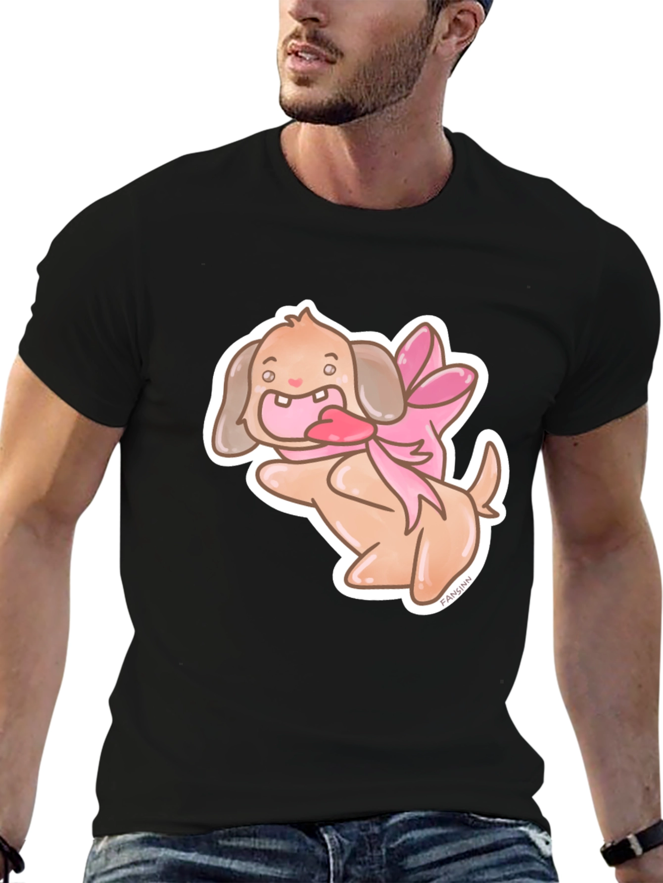 Dog With Ribbon Graphic Black T-Shirt