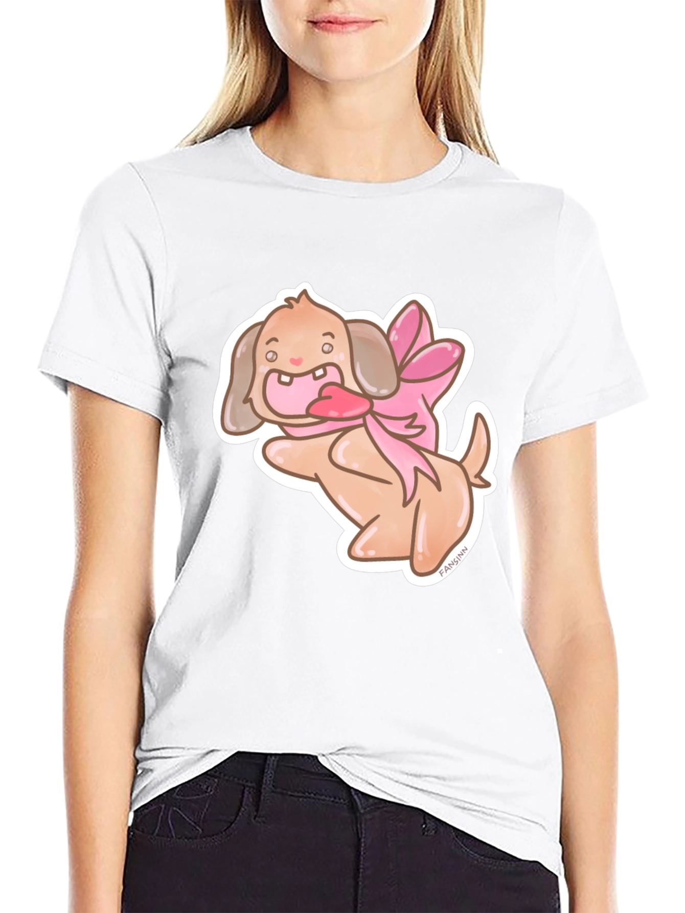 Dog With Ribbon Graphic Black T-Shirt