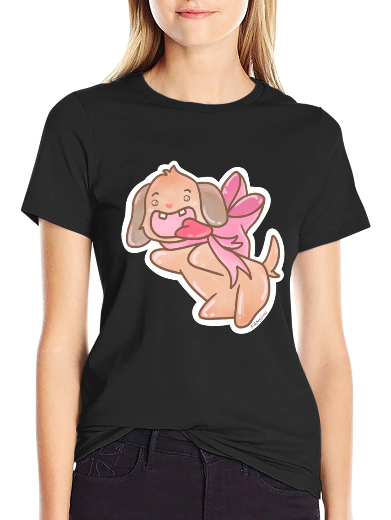 Dog With Ribbon Graphic Black T-Shirt