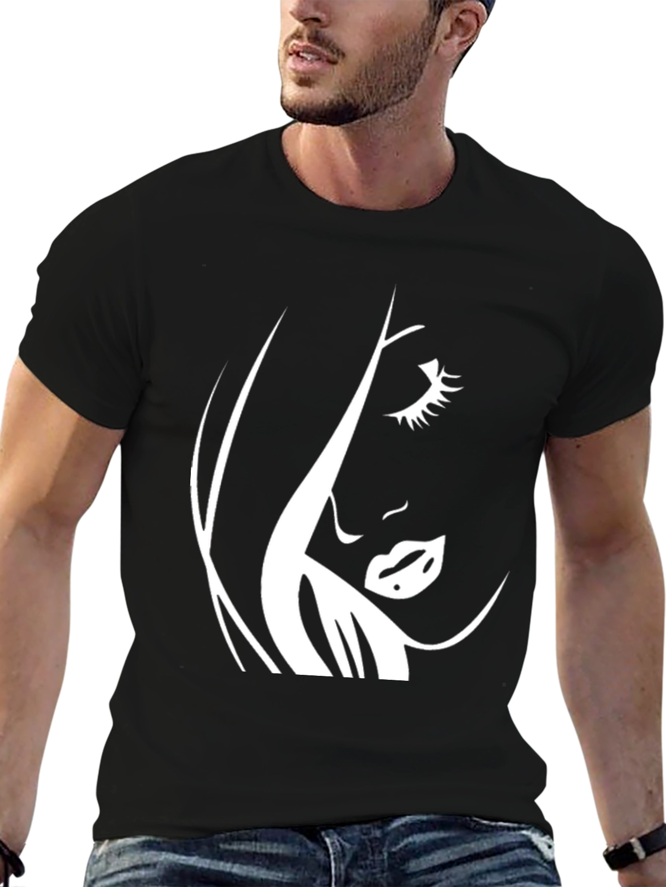 Stylish Black Tee with Abstract Face Design
