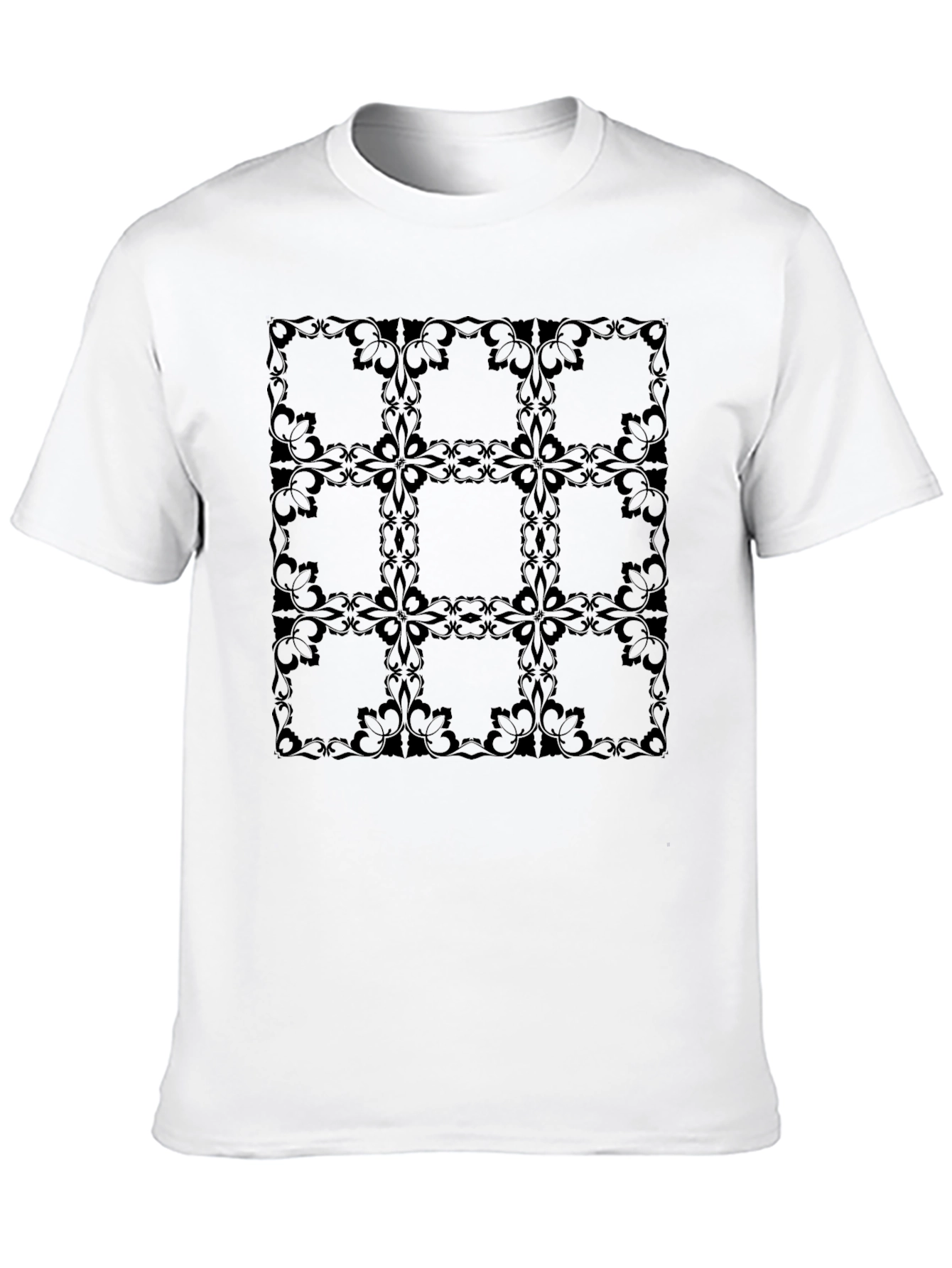 Elegant Floral Grid Black T-Shirt