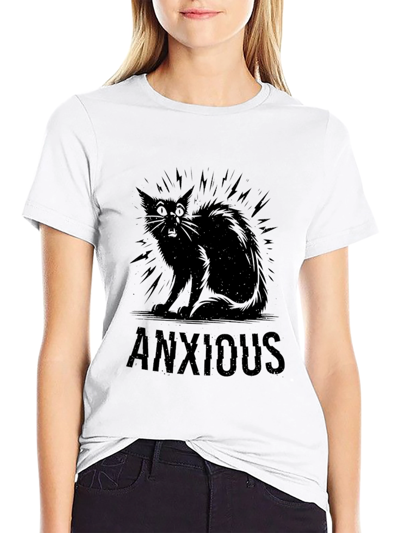 Anxious Cat Black Graphic T-Shirt