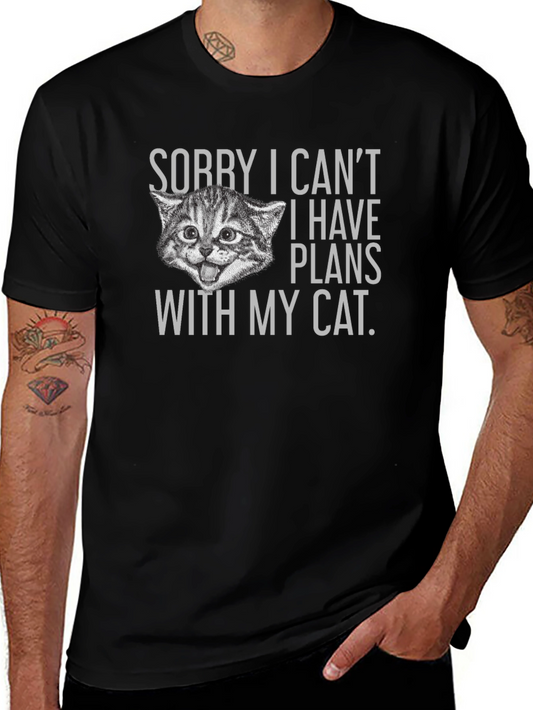 Funny Cat Plans Graphic Tee - Black Cotton T-Shirt