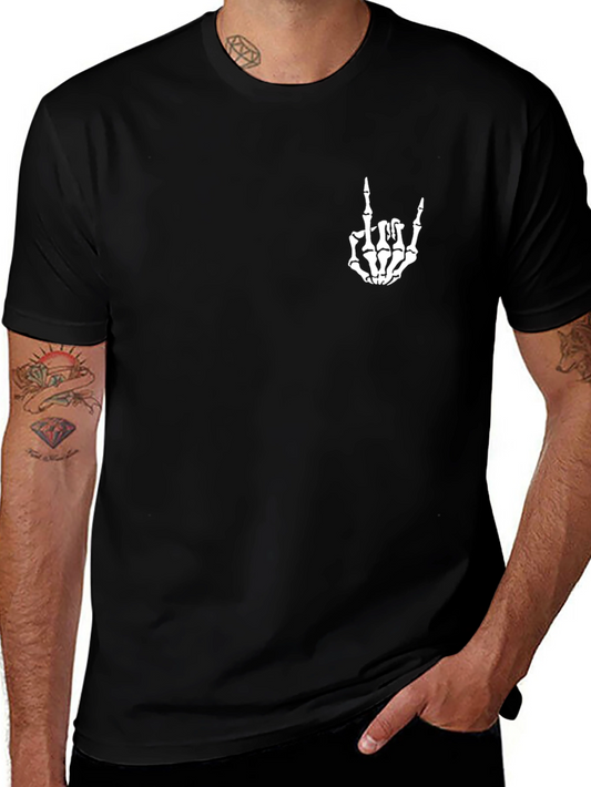 Black Graphic Tee - Skeleton Hand Rock On Sign