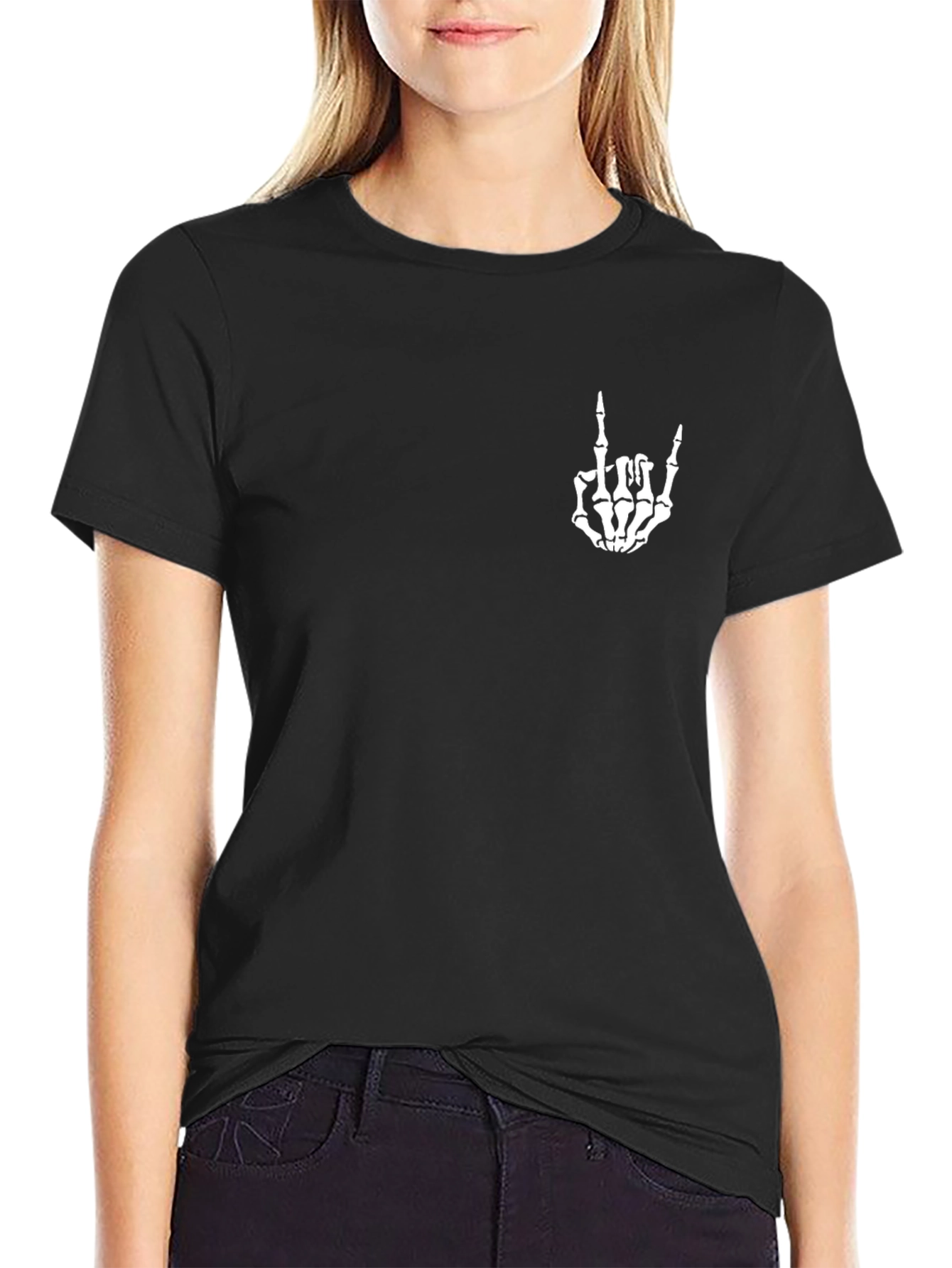 Black Graphic Tee - Skeleton Hand Rock On Sign
