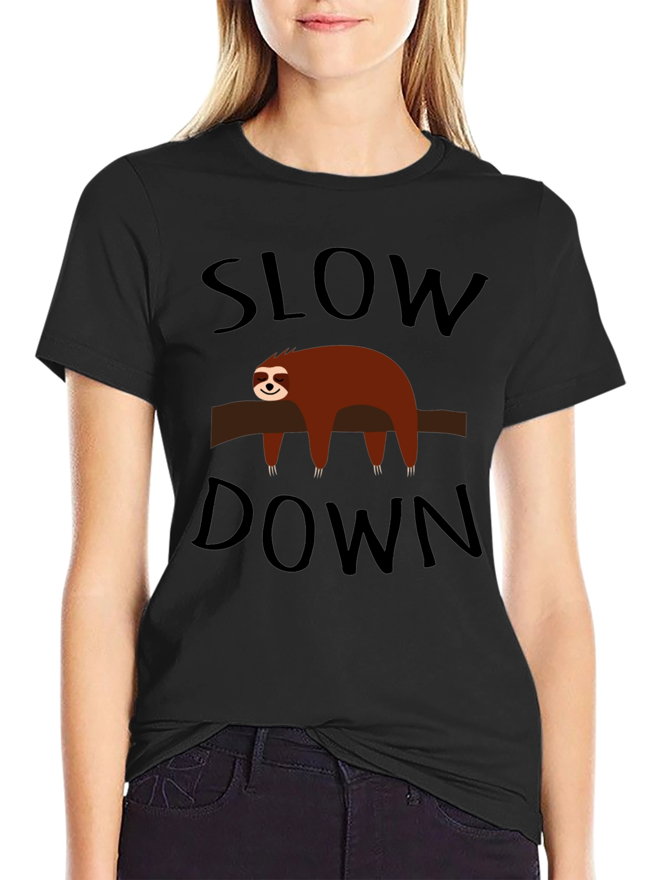 Funny Sloth Slow Down Black T-Shirt