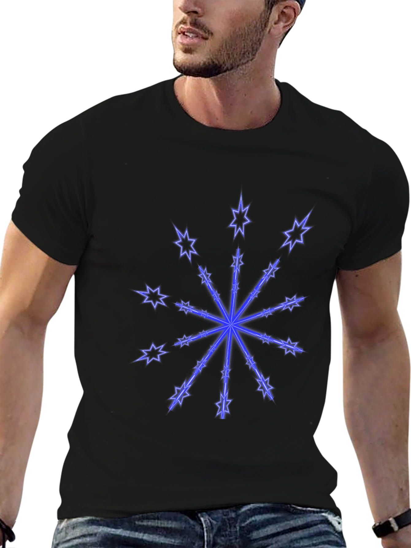 Black T-Shirt with Neon Star Design
