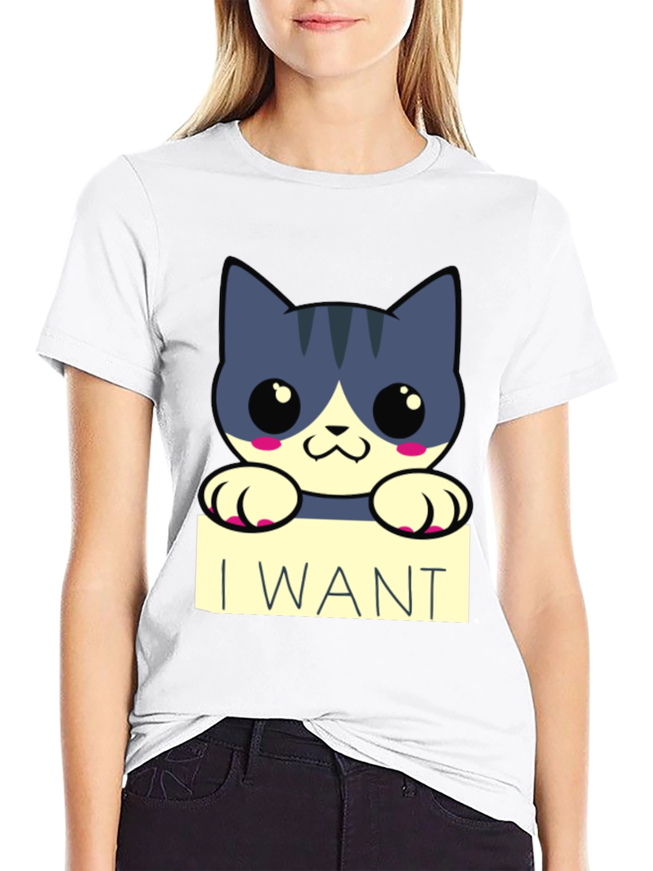 Cute Cartoon Cat I Want T-Shirt - Black