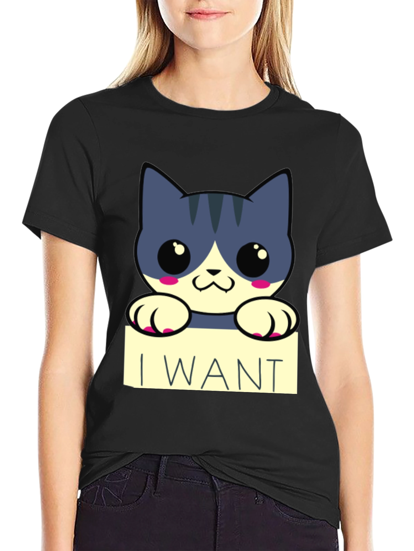 Cute Cartoon Cat I Want T-Shirt - Black