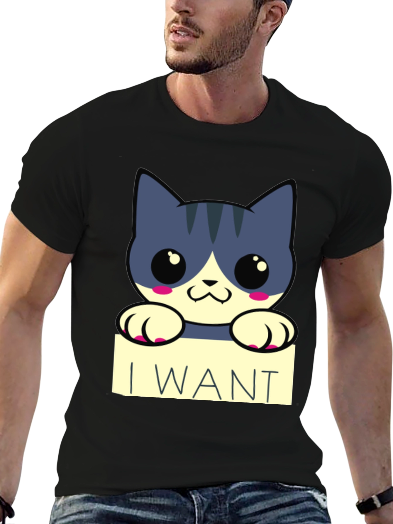Cute Cartoon Cat I Want T-Shirt - Black