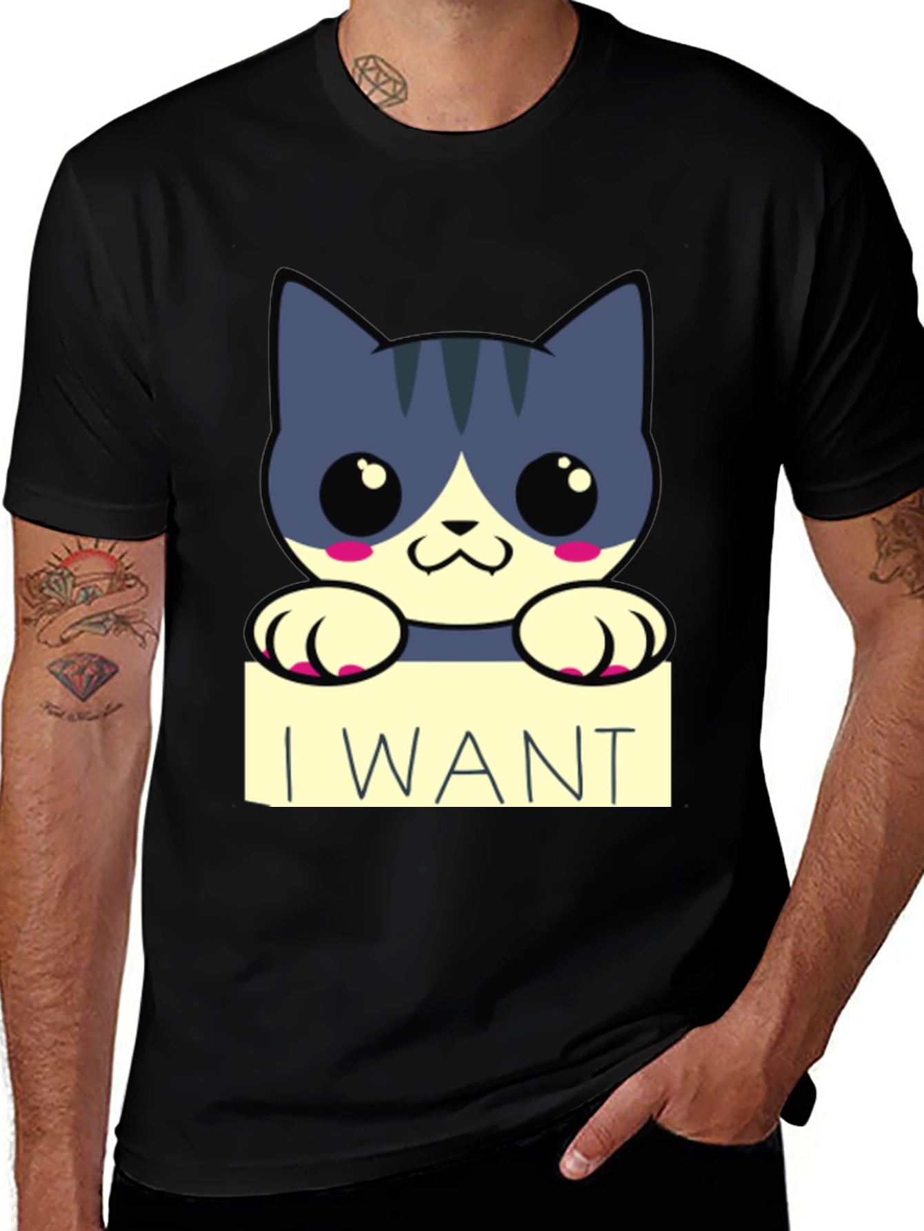 Cute Cartoon Cat I Want T-Shirt - Black