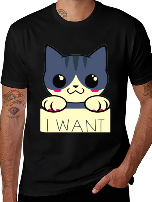 Cute Cartoon Cat I Want T-Shirt - Black