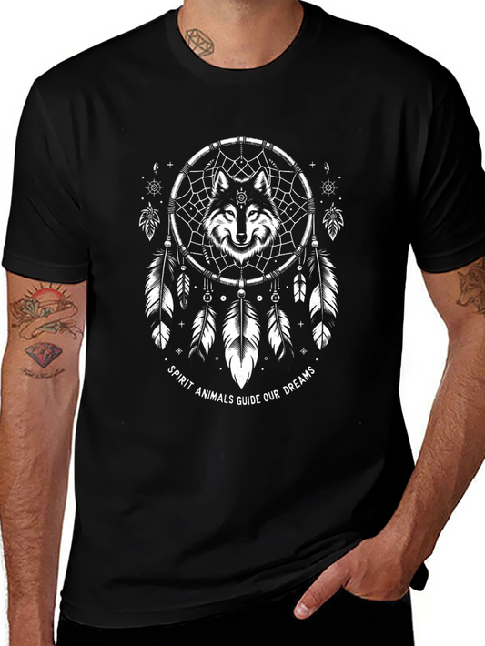 Wolf Spirit Dreamcatcher Graphic Tee - Black Cotton