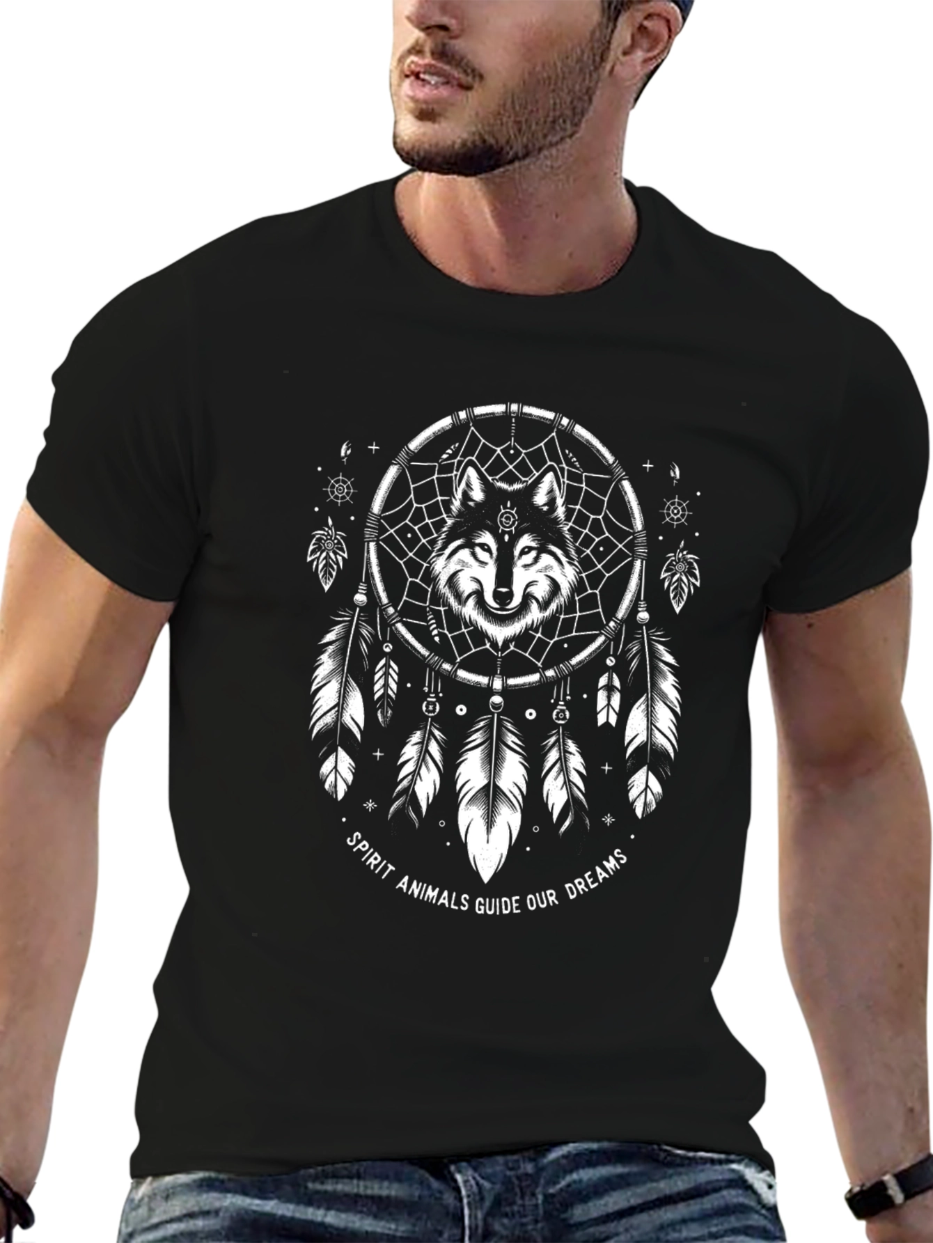 Wolf Spirit Dreamcatcher Graphic Tee - Black Cotton