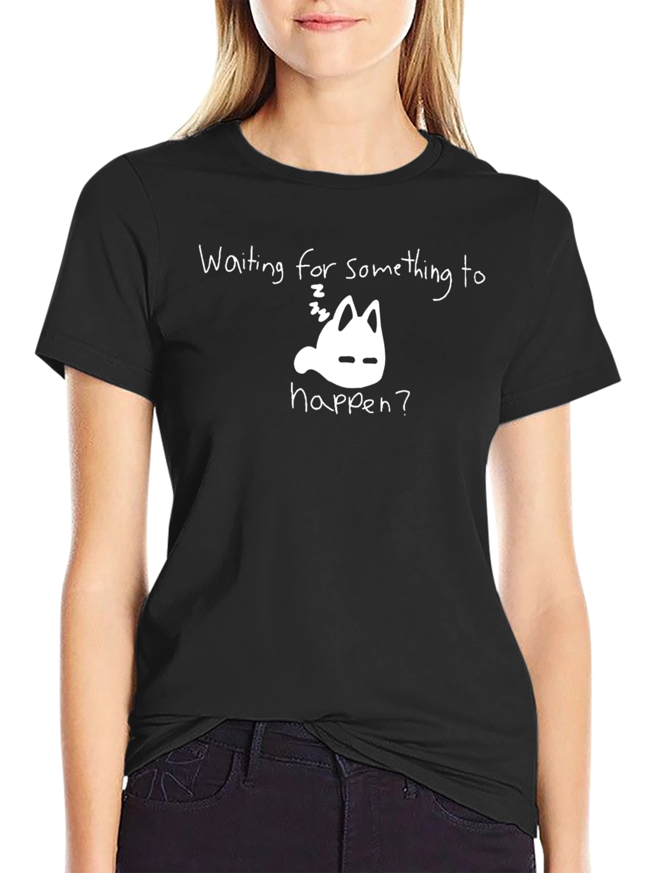 Waiting Cat T-Shirt - Black Unisex Relaxed Fit