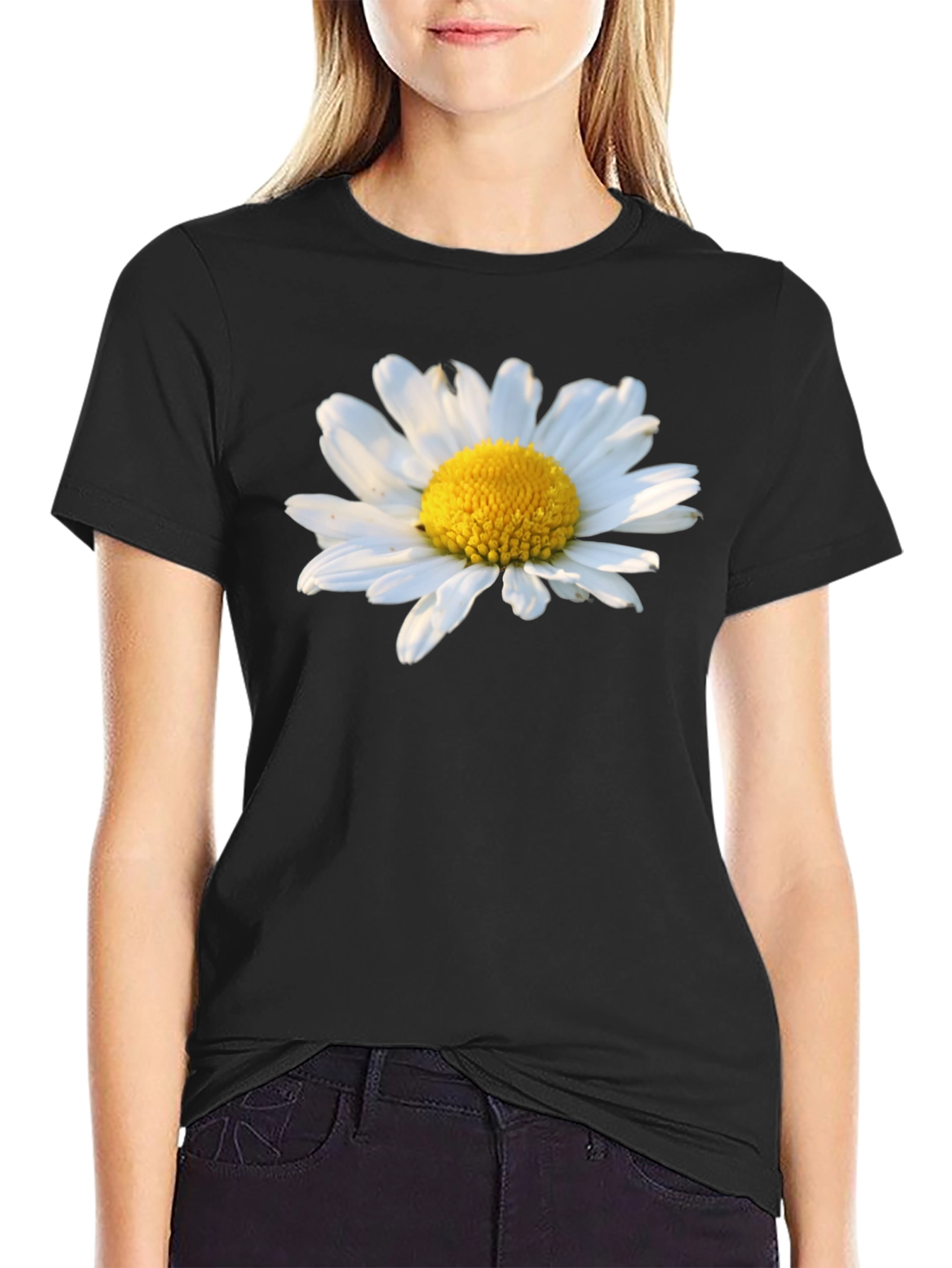 Daisy Flower Graphic Tee - Black Cotton T-Shirt