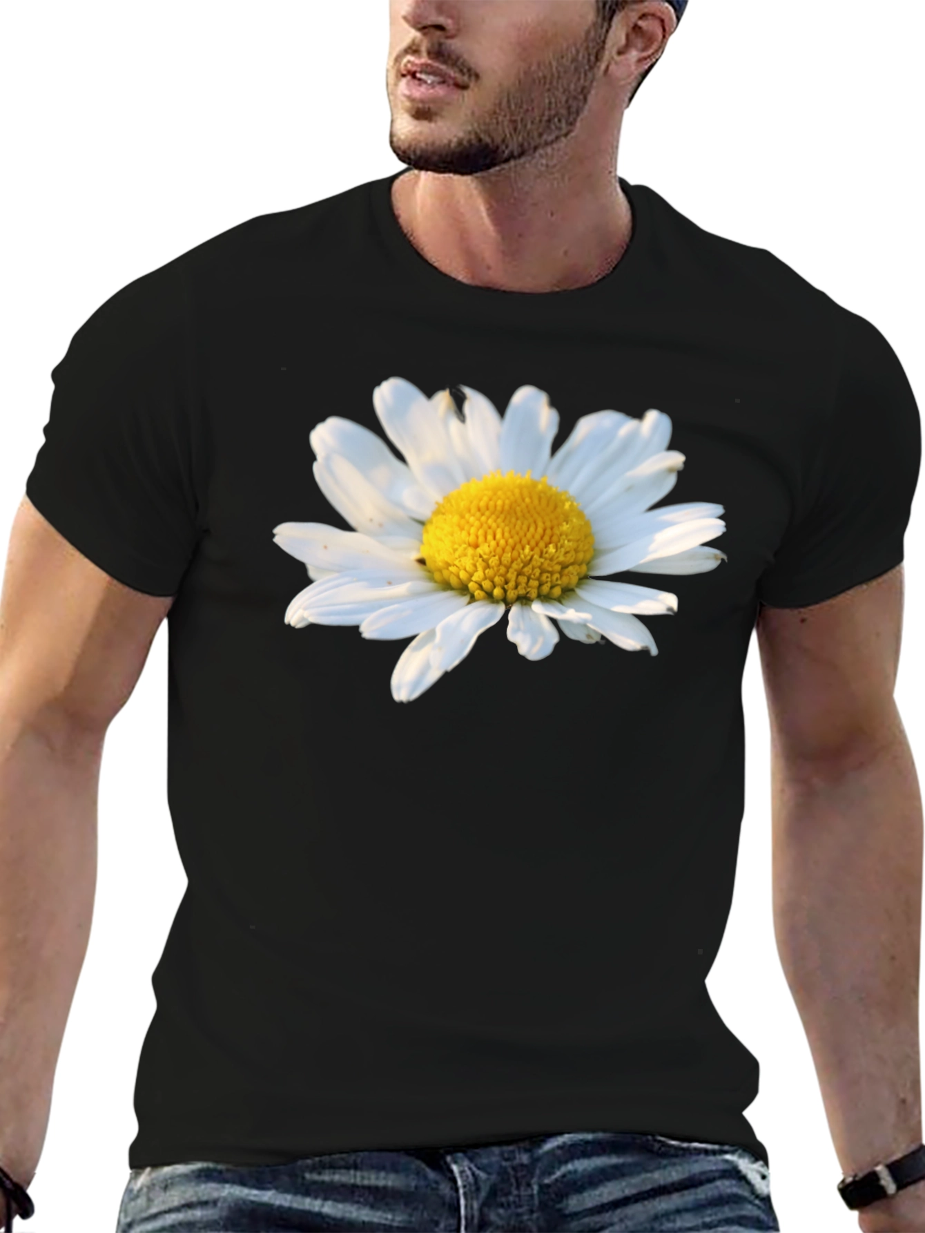 Daisy Flower Graphic Tee - Black Cotton T-Shirt