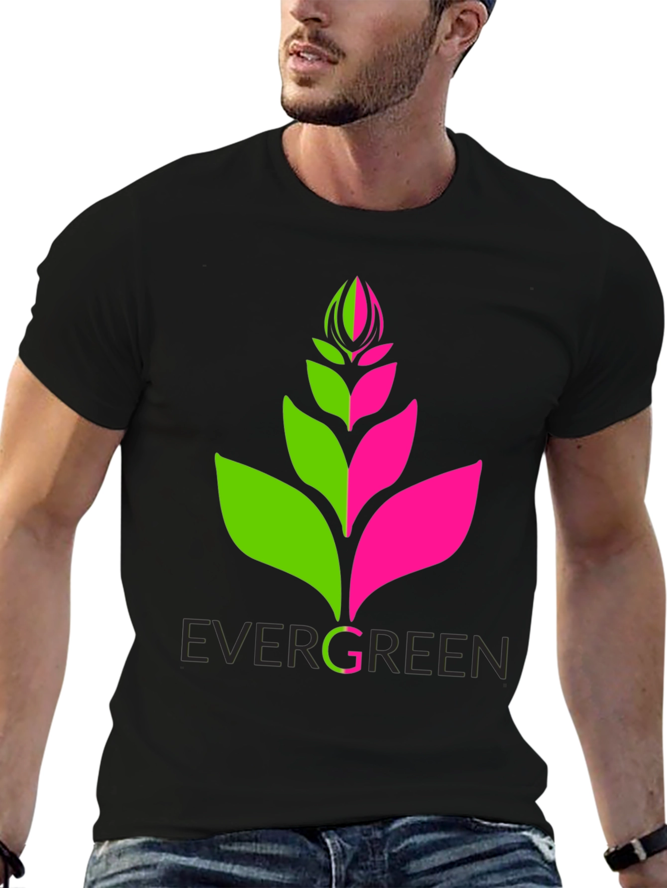 Evergreen Plant Graphic Tee - Modern Black T-Shirt