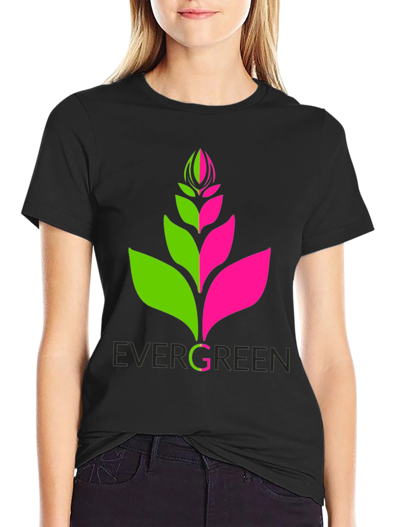 Evergreen Plant Graphic Tee - Modern Black T-Shirt