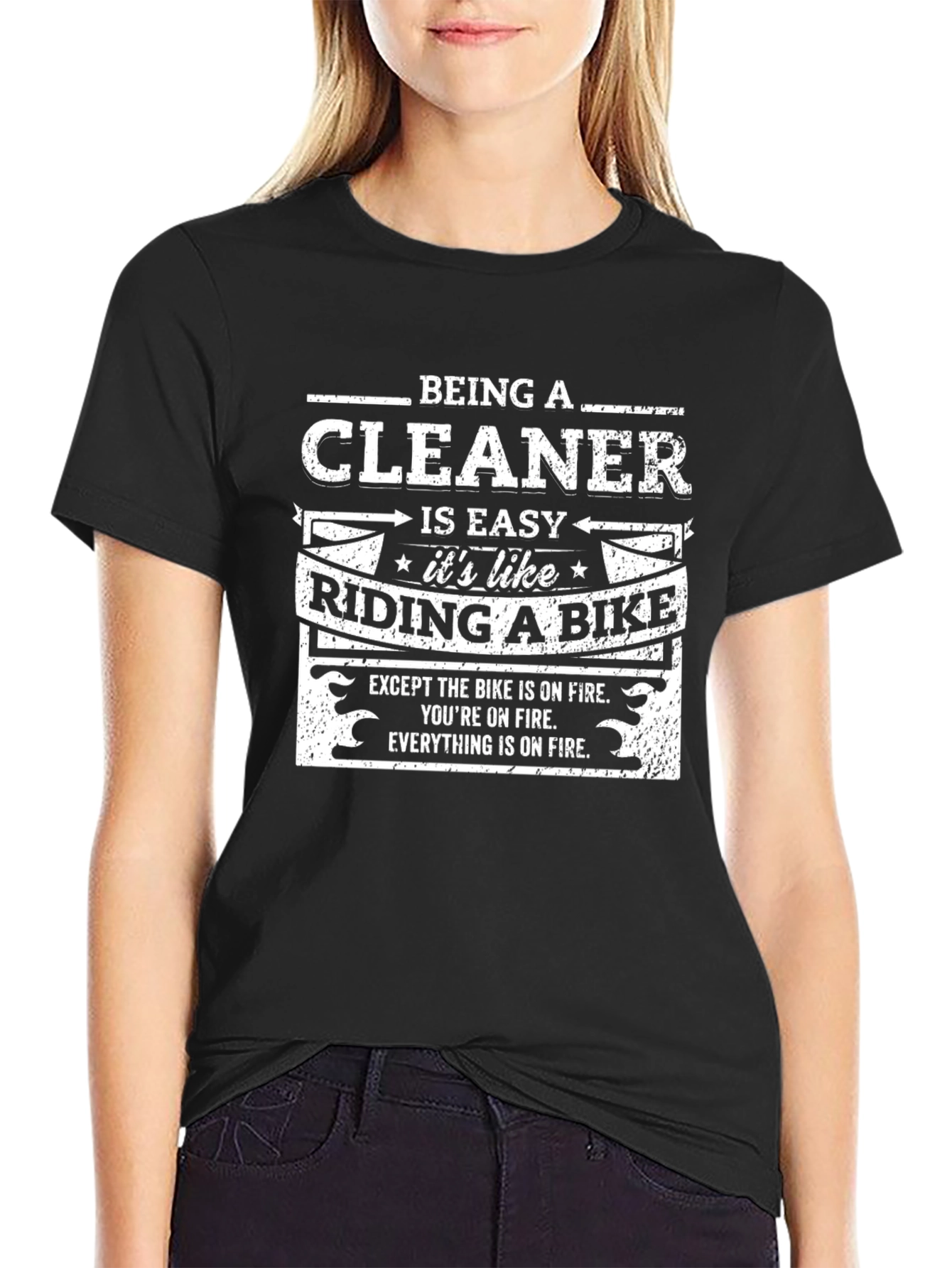 Funny Cleaner T-Shirt - Riding a Bike On Fire