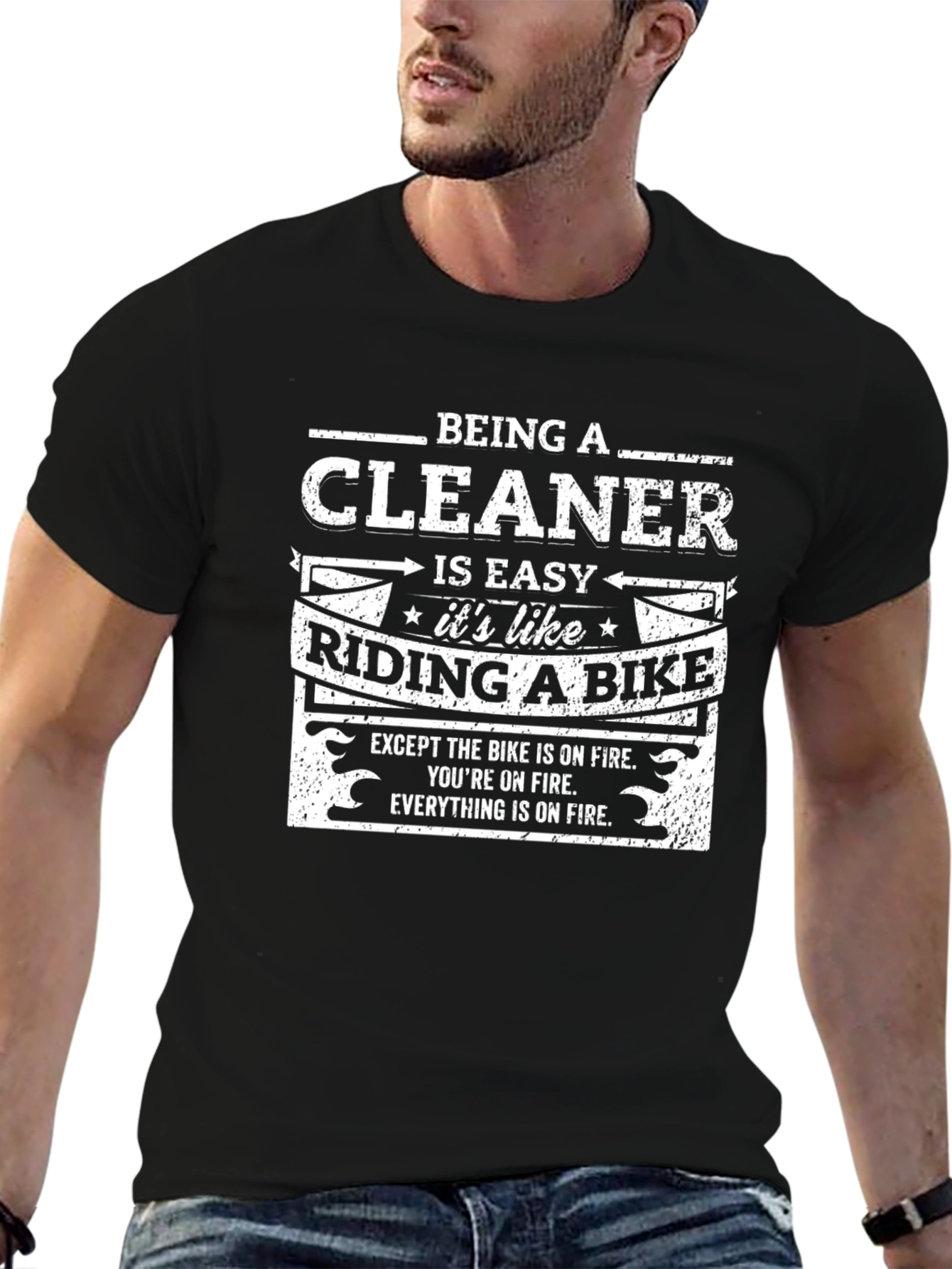 Funny Cleaner T-Shirt - Riding a Bike On Fire