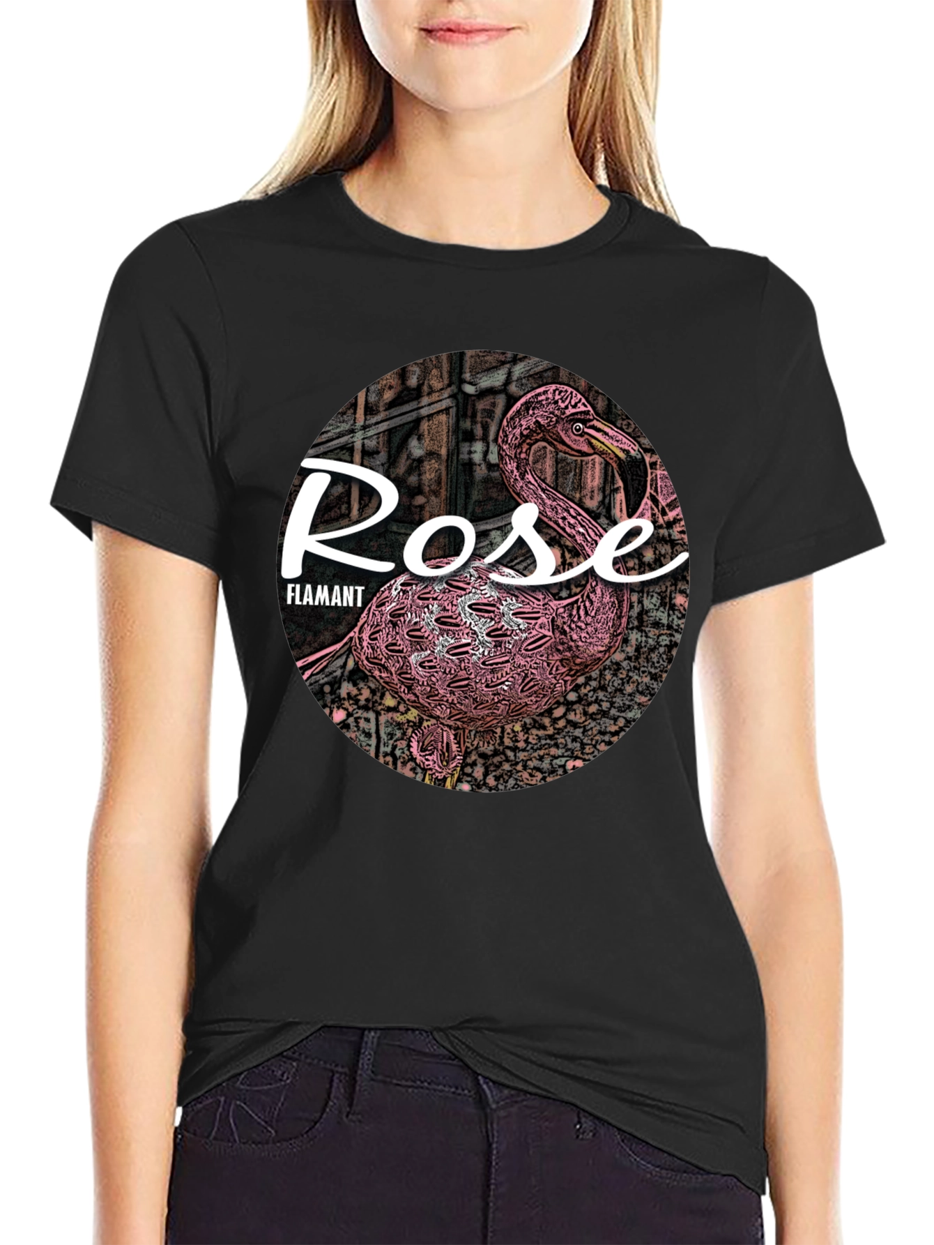 Rose Flamant Black T-Shirt