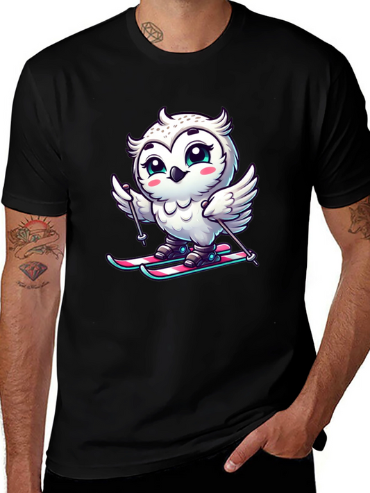 Cute Owl Skiing Graphic Tee - Black