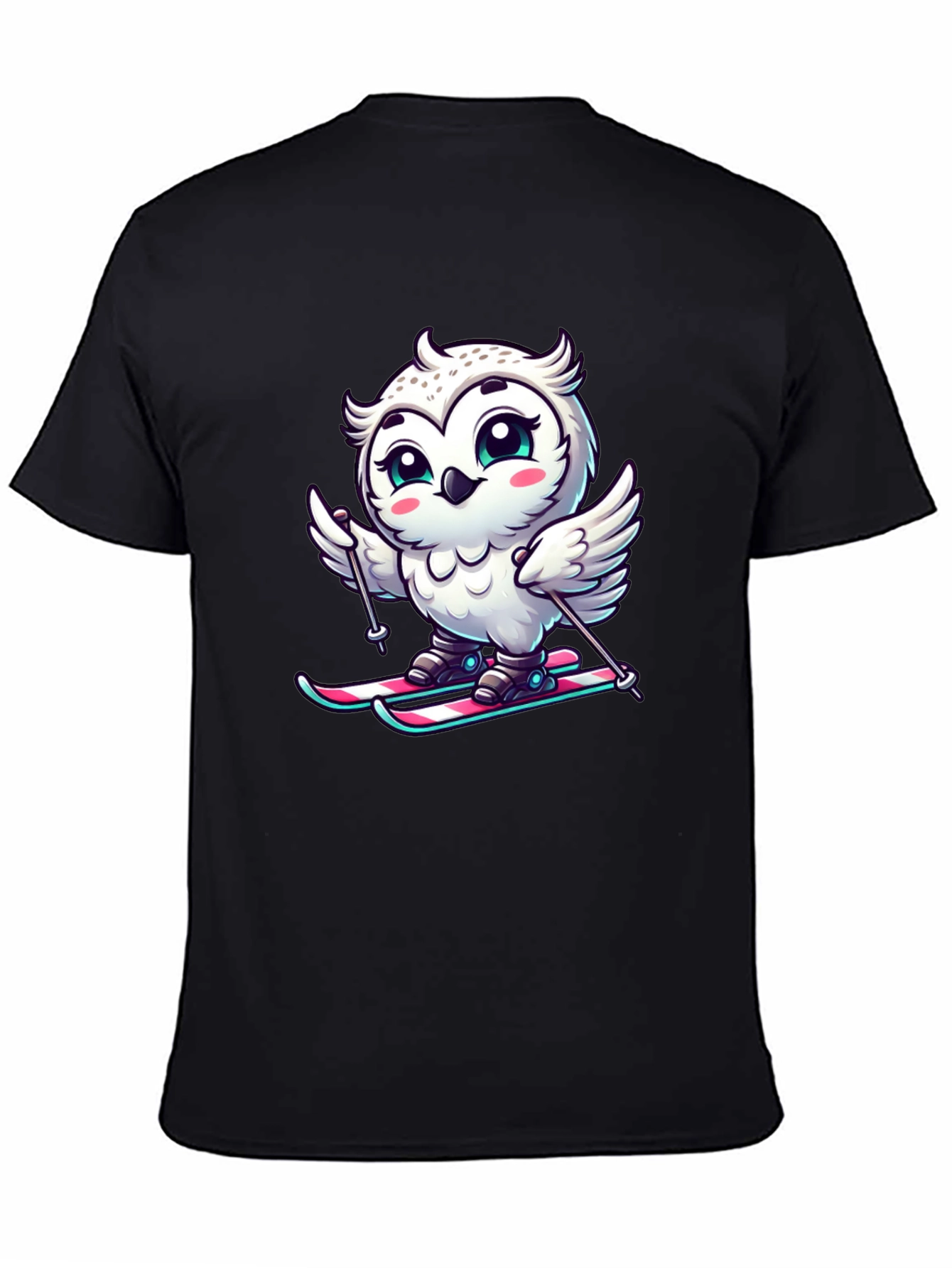 Cute Owl Skiing Graphic Tee - Black