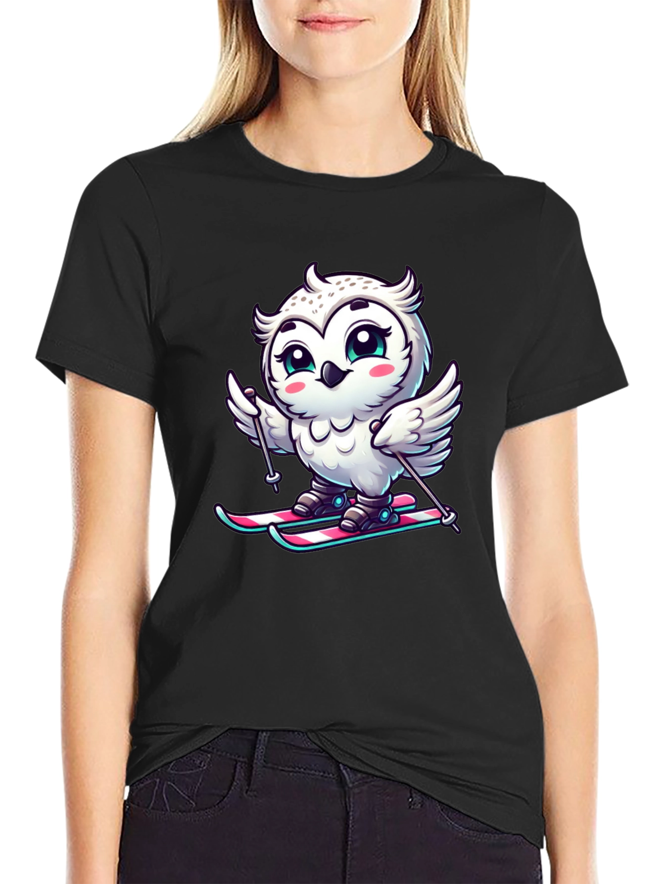 Cute Owl Skiing Graphic Tee - Black