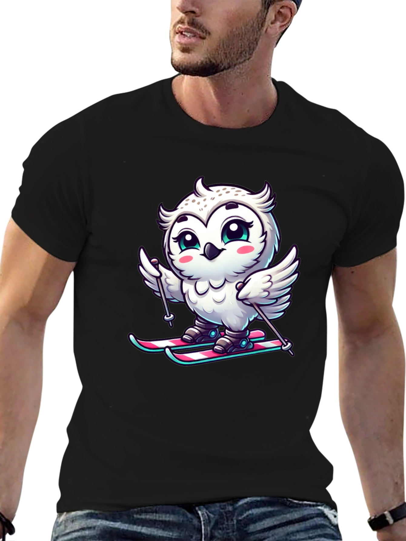 Cute Owl Skiing Graphic Tee - Black