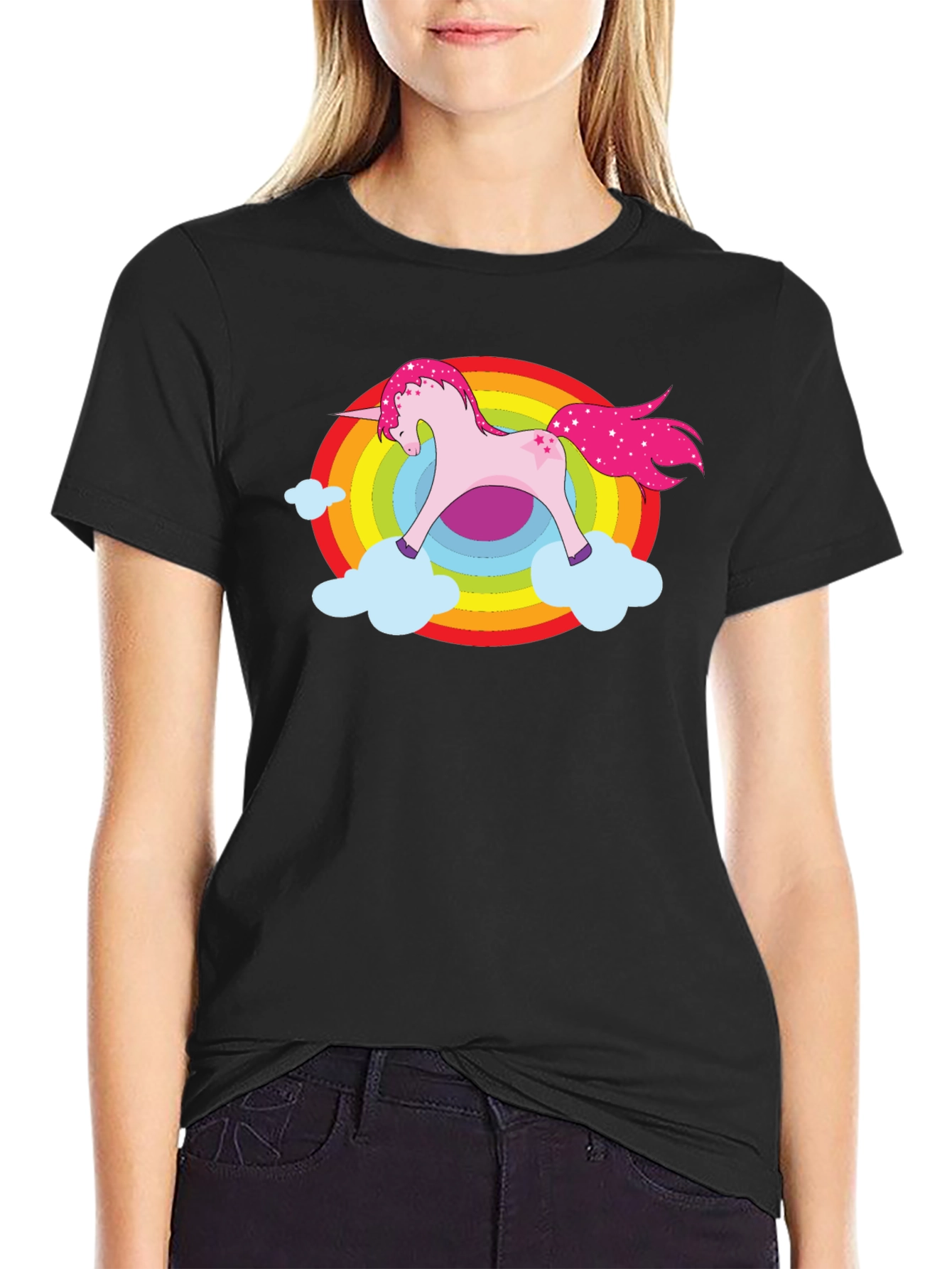 Unicorn Rainbow Cloud Graphic Black T-Shirt