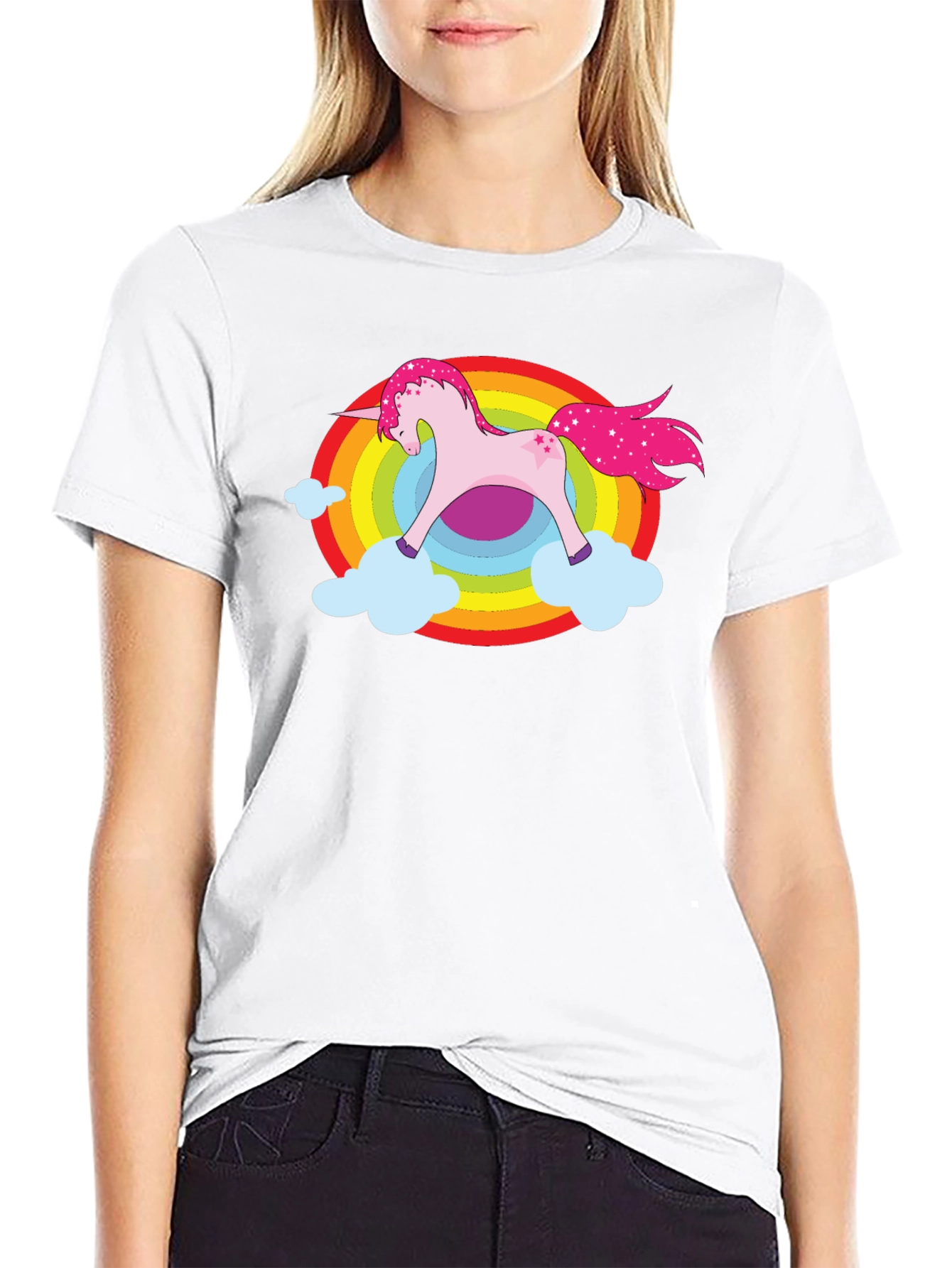 Unicorn Rainbow Cloud Graphic Black T-Shirt