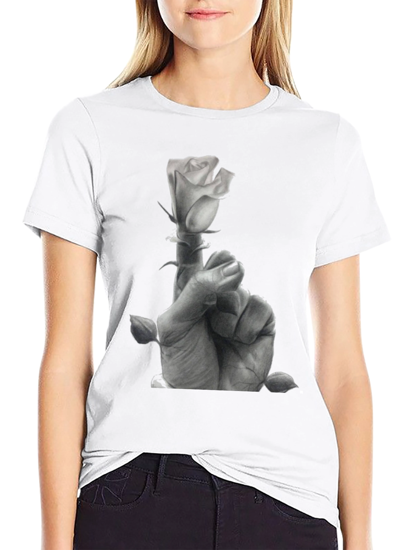 Rose Hand Graphic Tee - Stylish Black Cotton T-Shirt