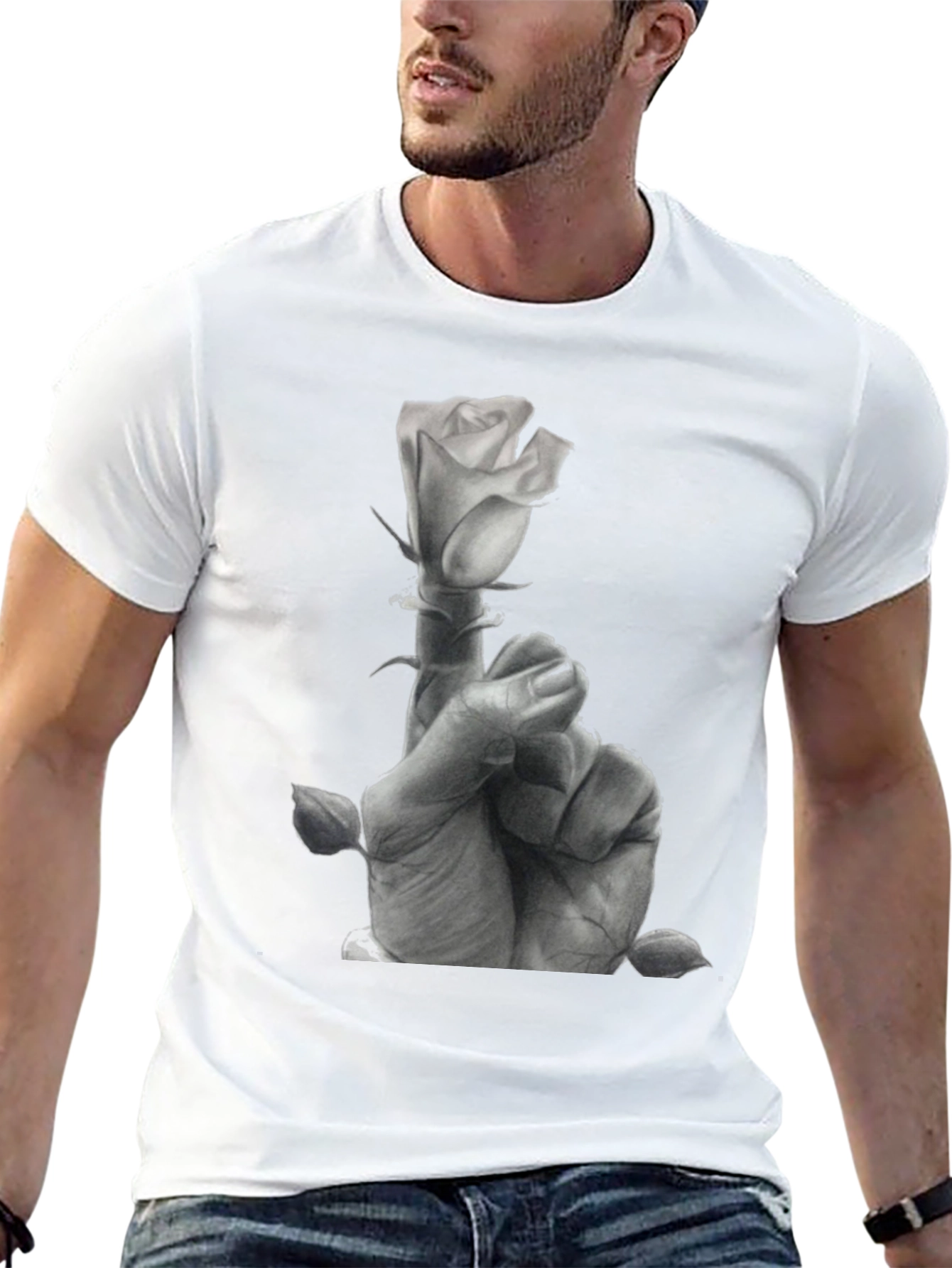 Rose Hand Graphic Tee - Stylish Black Cotton T-Shirt