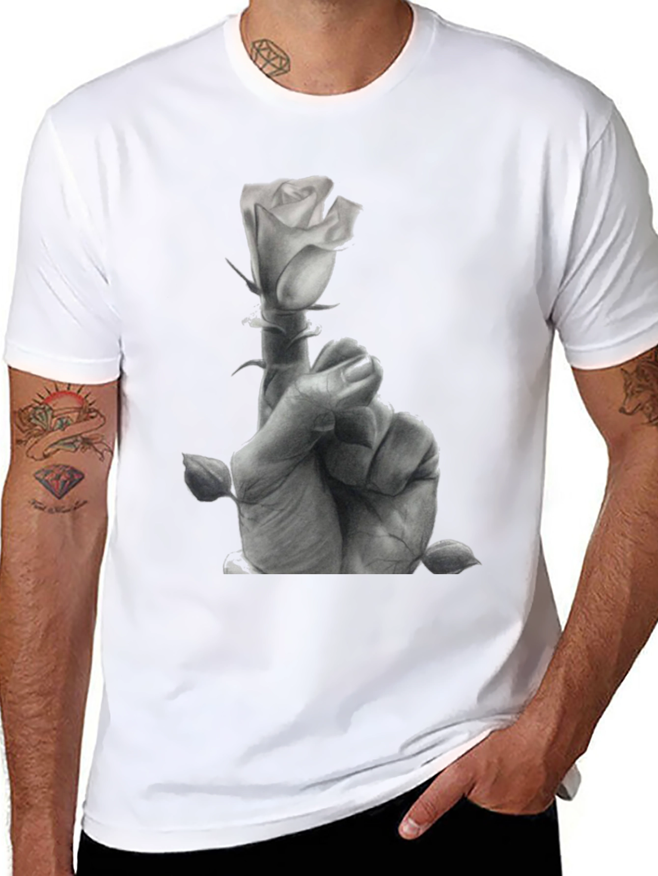 Rose Hand Graphic Tee - Stylish Black Cotton T-Shirt