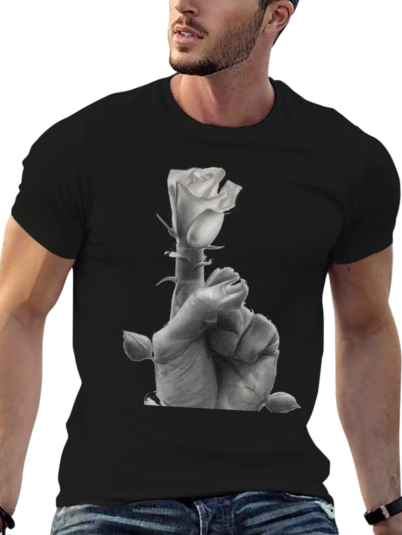Rose Hand Graphic Tee - Stylish Black Cotton T-Shirt