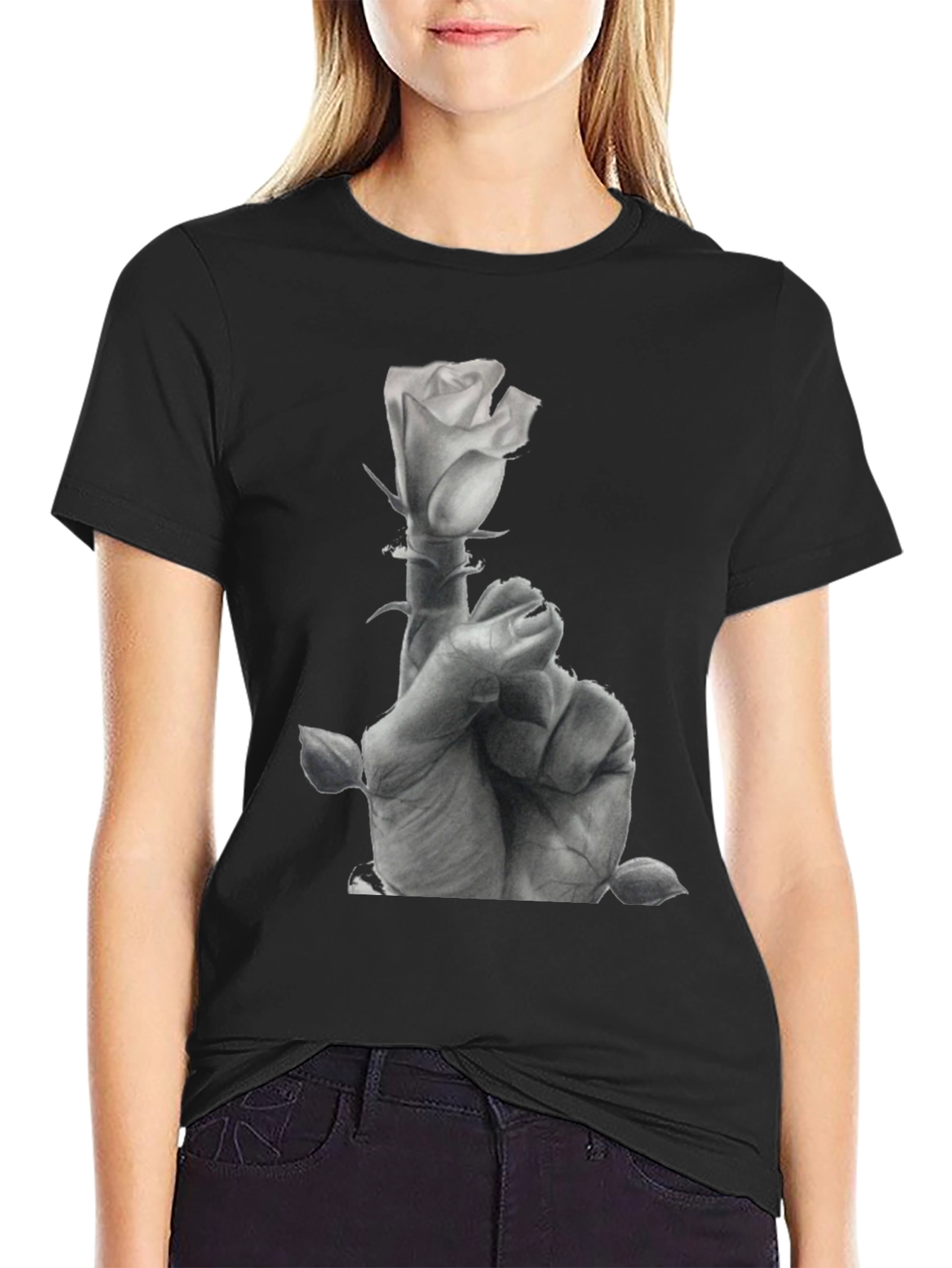 Rose Hand Graphic Tee - Stylish Black Cotton T-Shirt