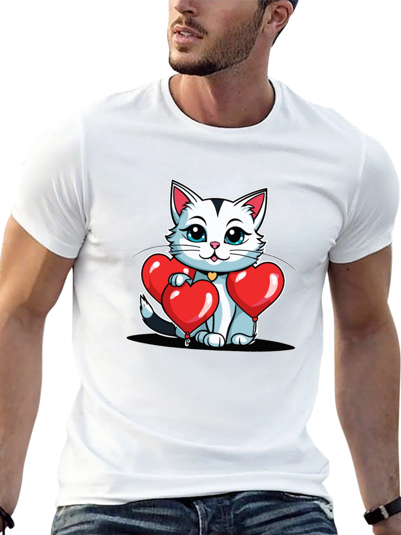 Valentines Cat T-Shirt - Heart Balloons
