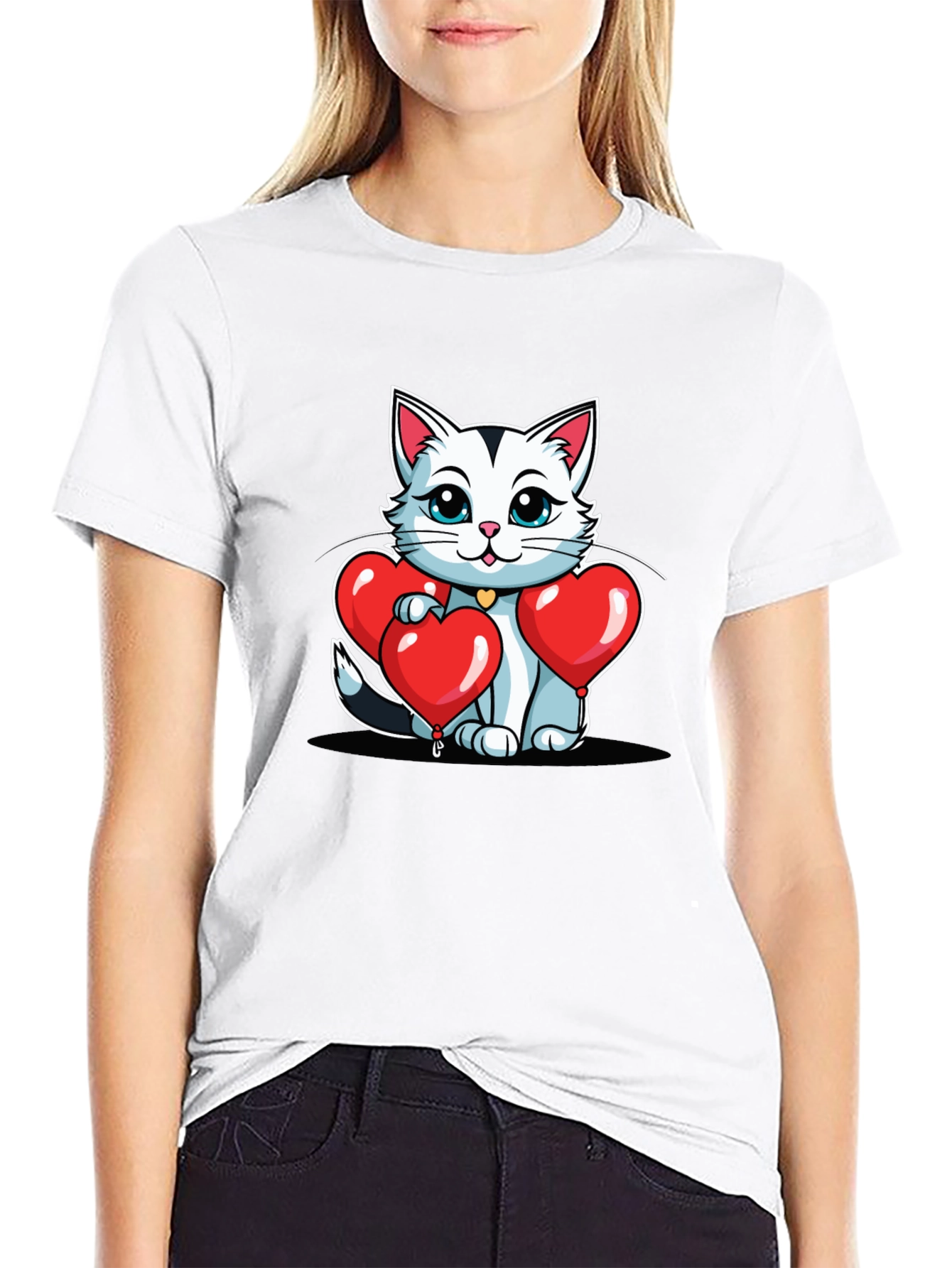 Valentines Cat T-Shirt - Heart Balloons