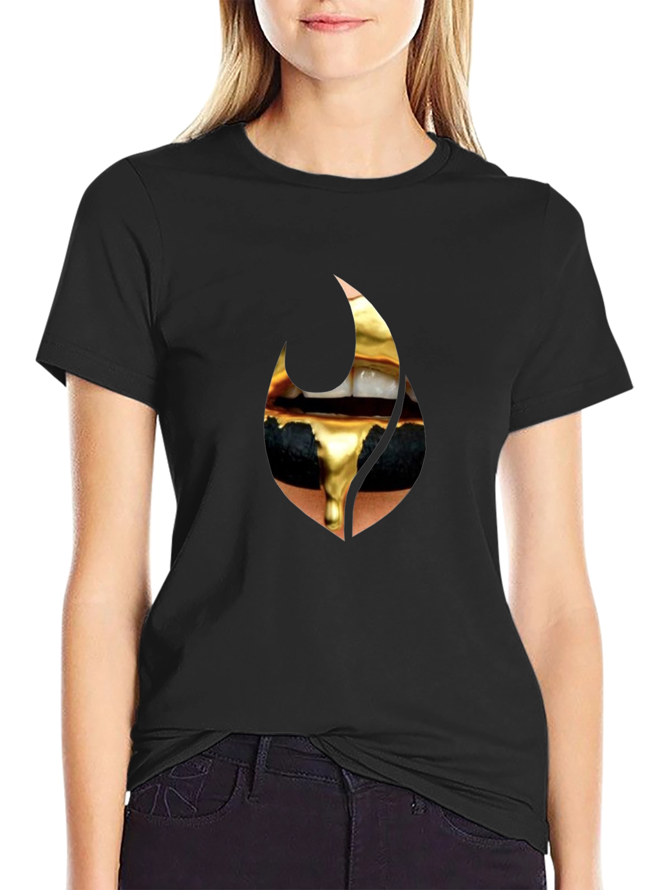 Golden Drip Lips Black Tee